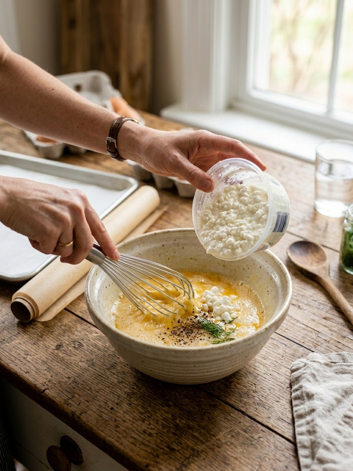 Step by step preparation of 2-ingredient Cottage Cheese Wraps on parchment paper