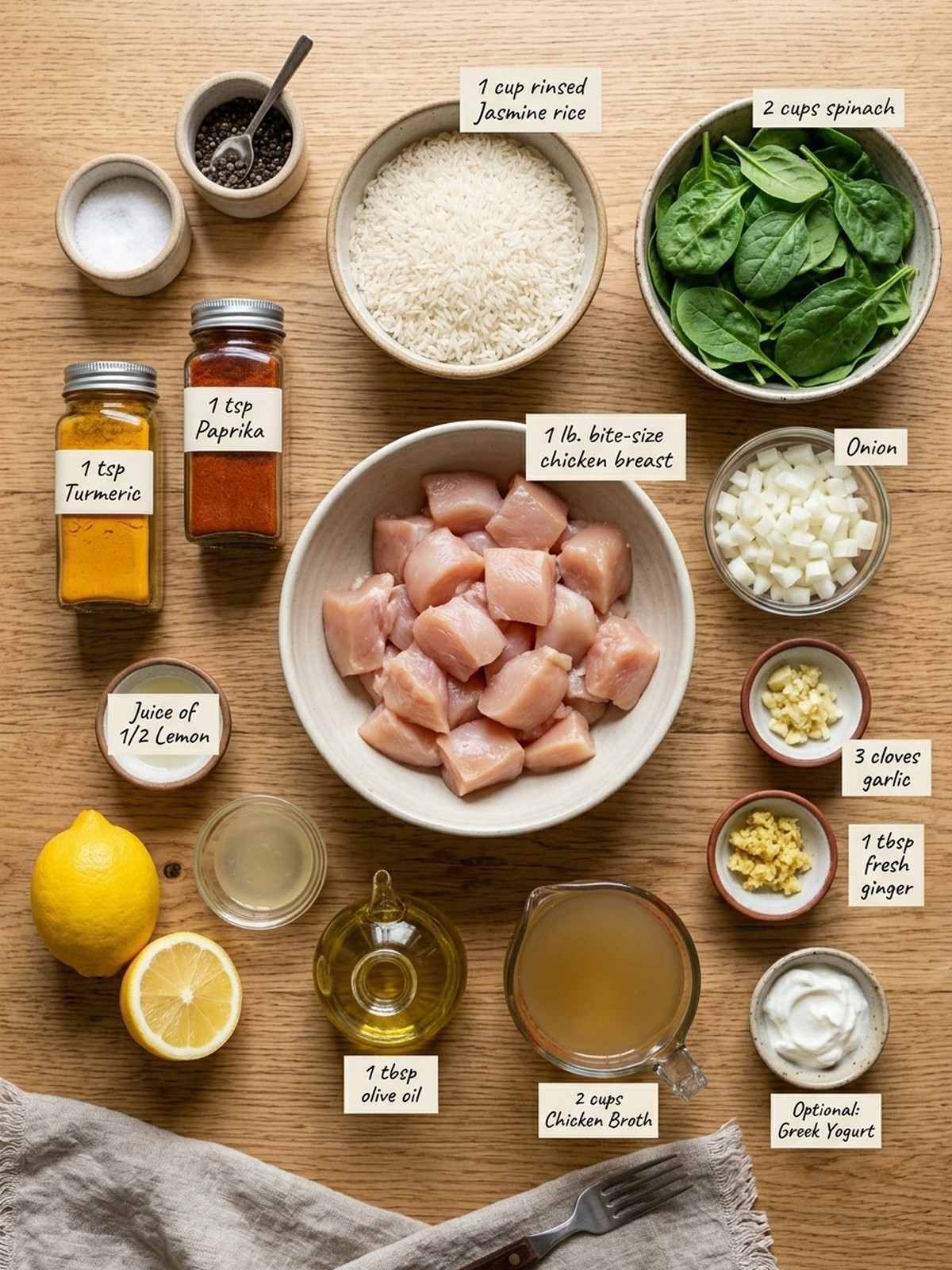 Anti-inflammatory Turmeric Chicken & Rice ingredients arranged for cooking