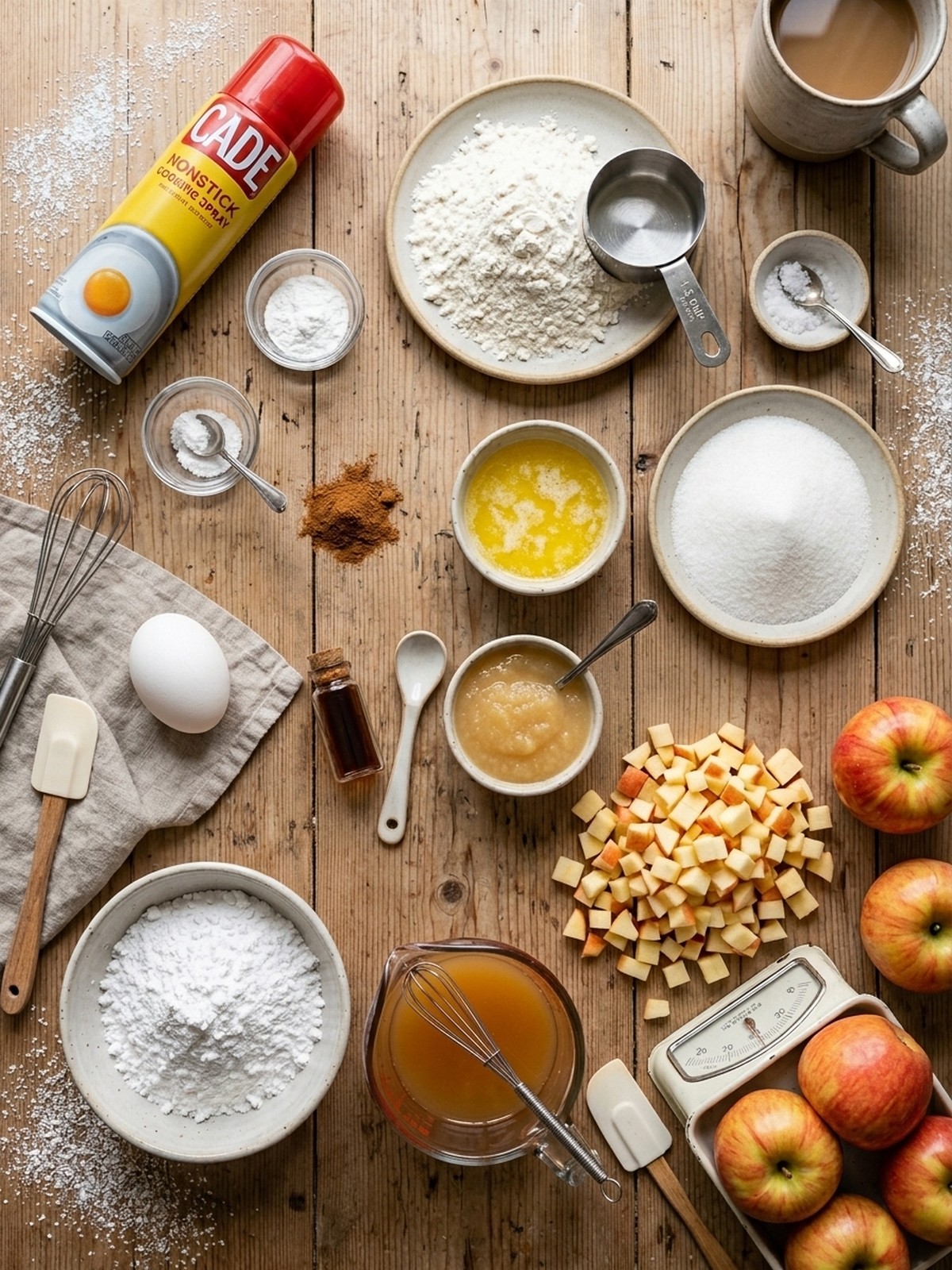 Apple Fritter Bites ingredients arranged for baking