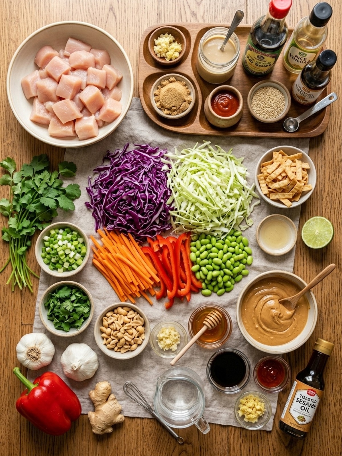 Asian Chicken Crunch Salad ingredients arranged for cooking