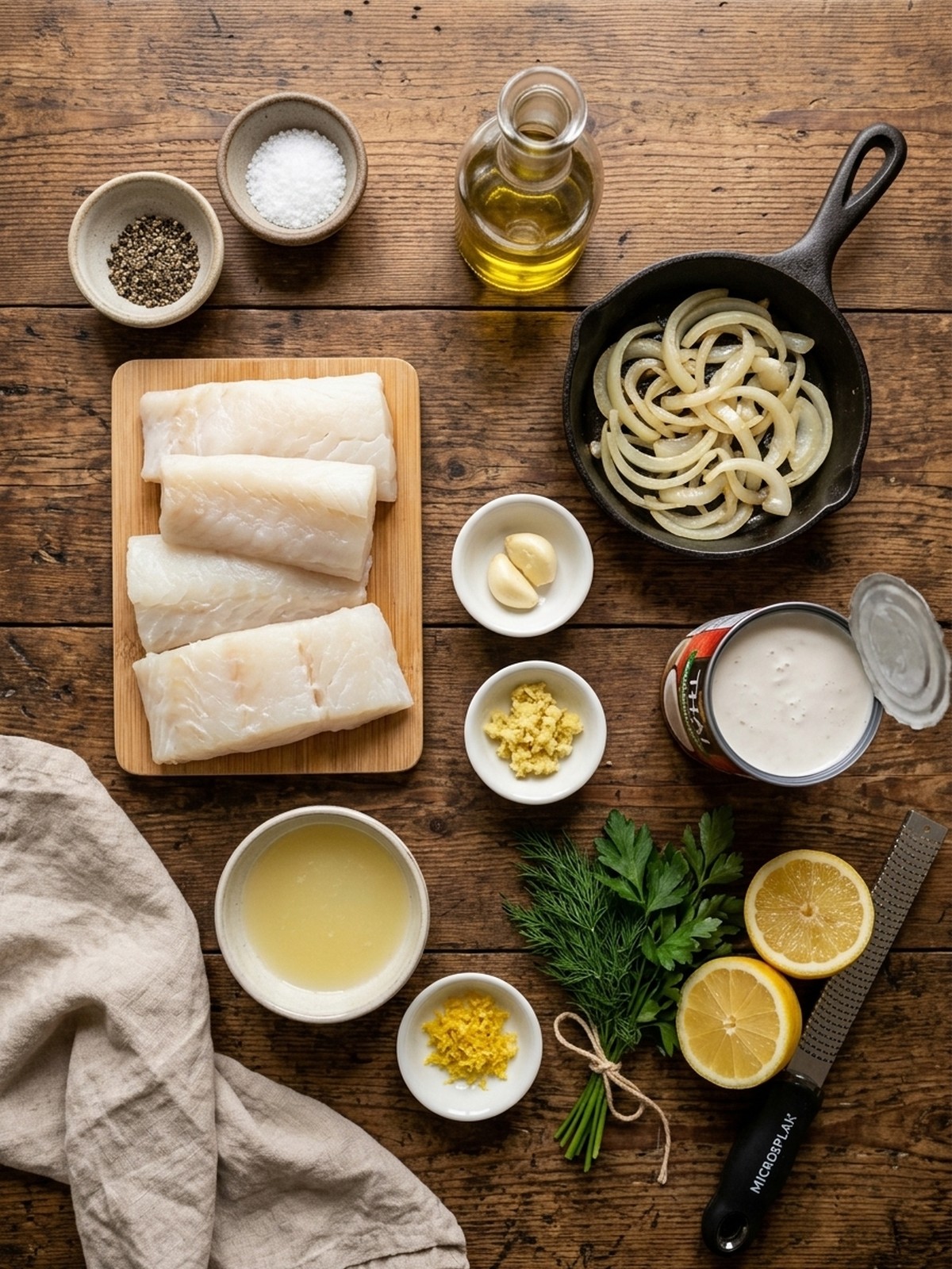 Baked Cod In Coconut Lemon Cream Sauce ingredients arranged for cooking