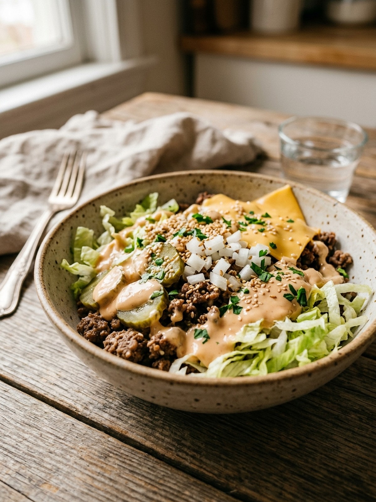 Big Mac Burger Bowl ingredients arranged for cooking