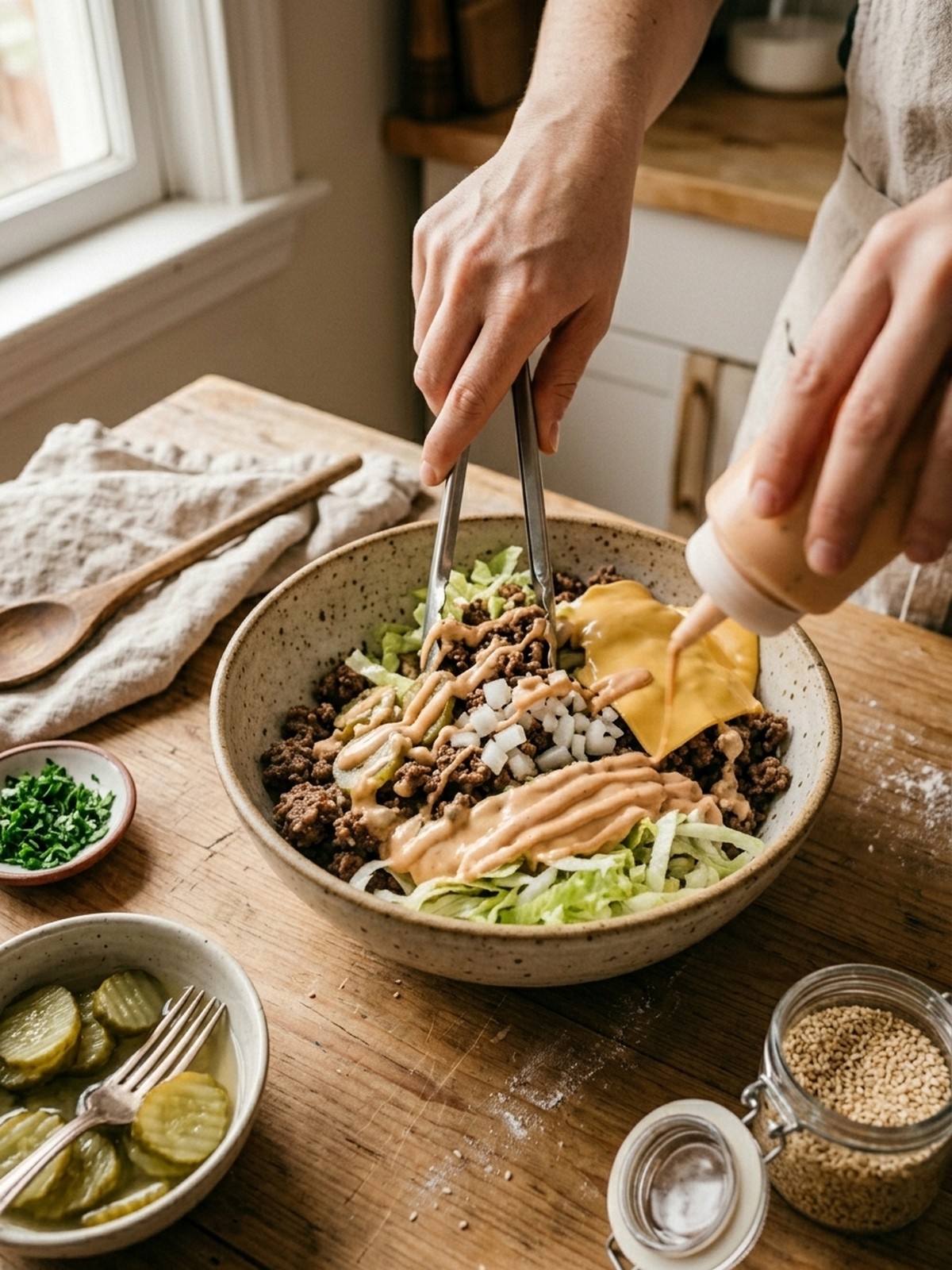 Step by step preparation of Big Mac Burger Bowl