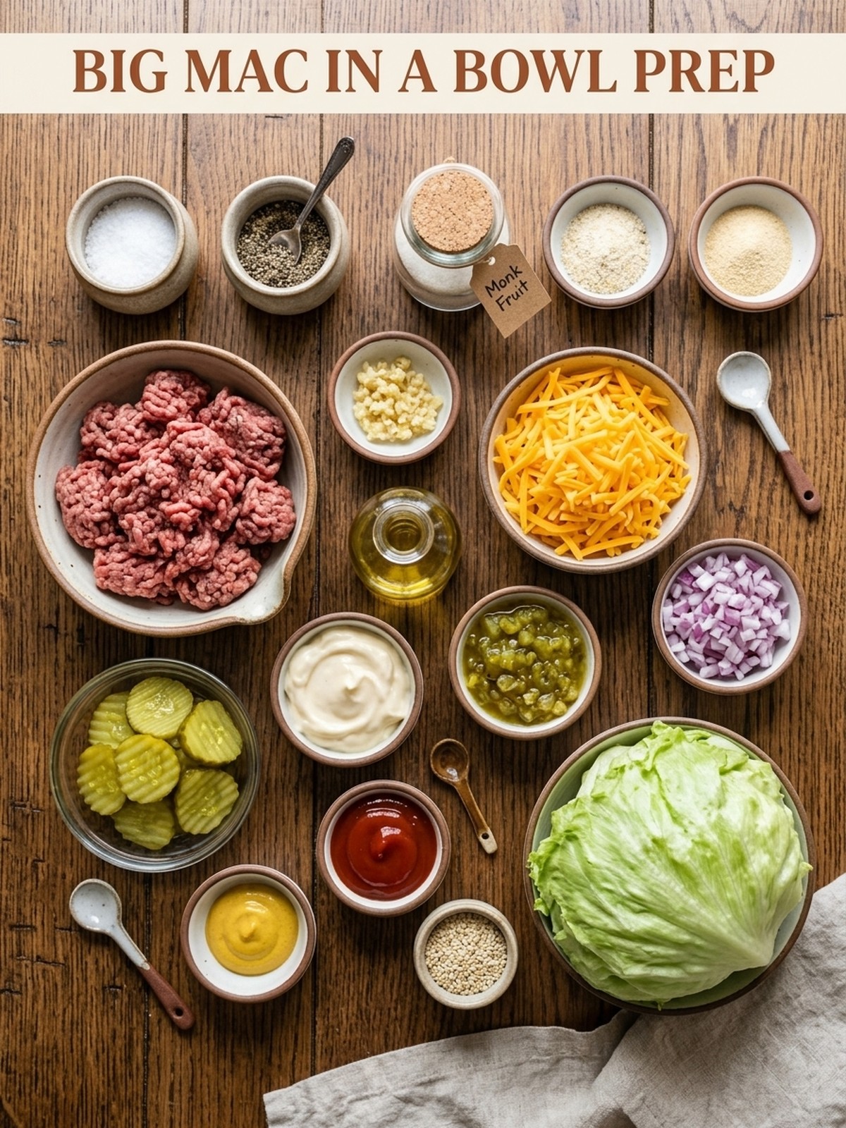 Big Mac in a Bowl ingredients arranged for cooking
