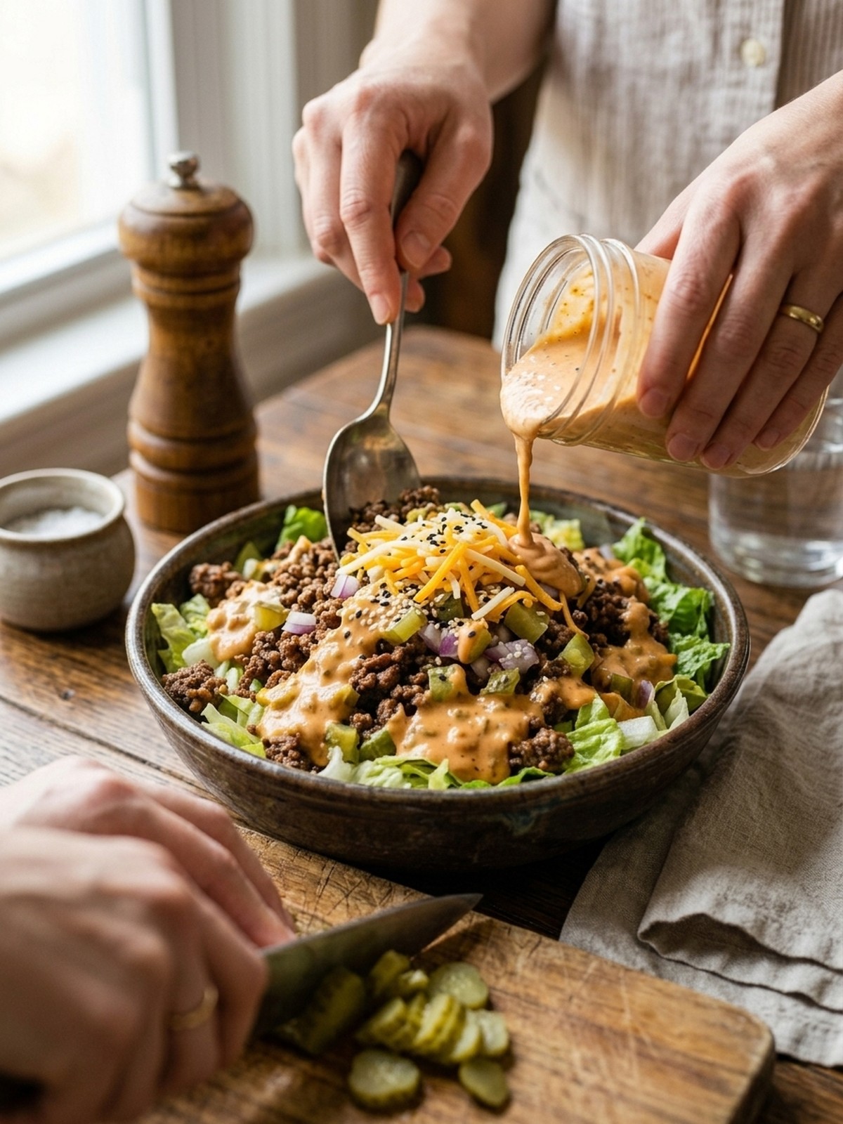 Step by step preparation of Big Mac in a Bowl