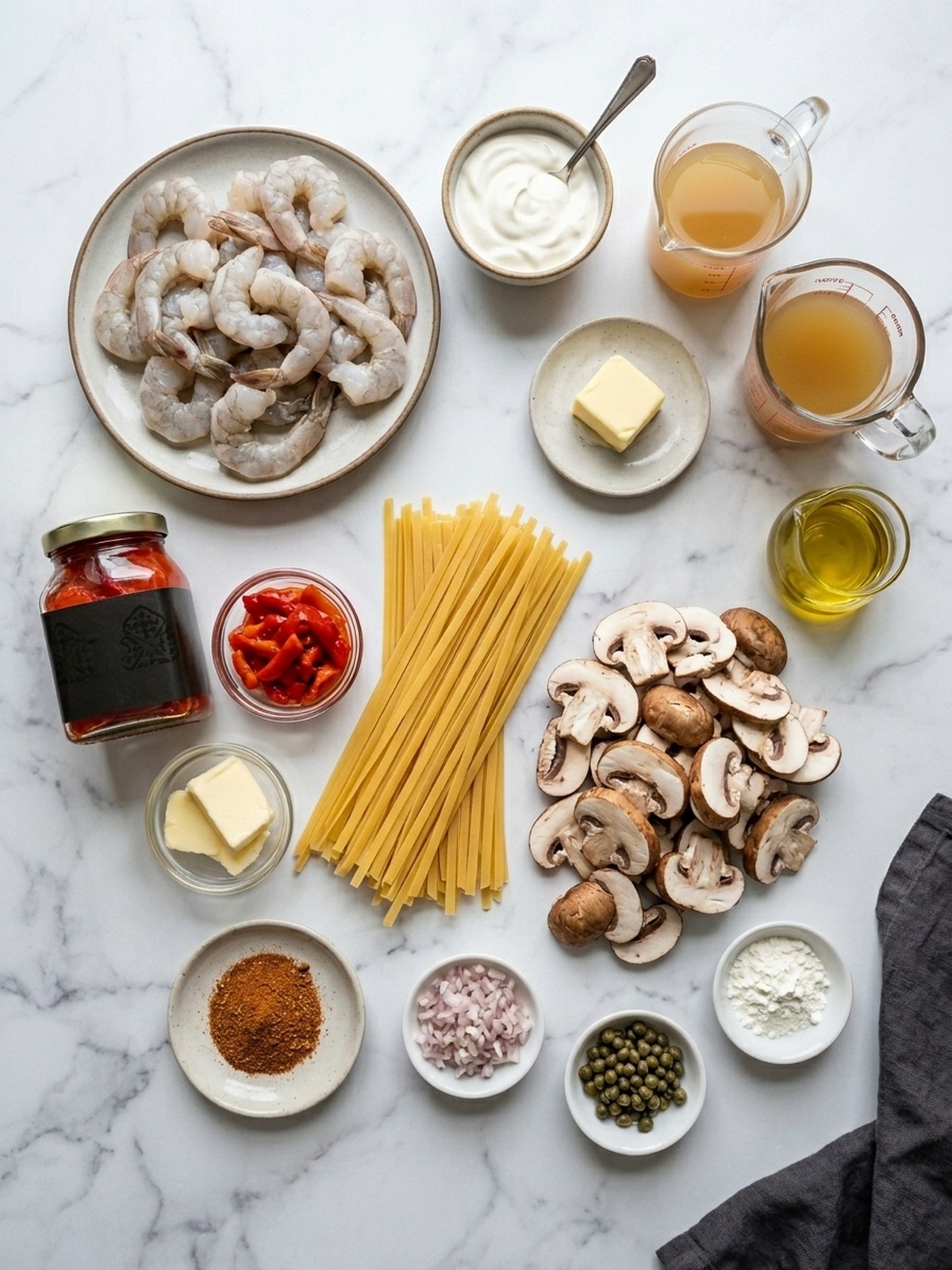 Blackened Shrimp Stroganoff ingredients arranged for cooking