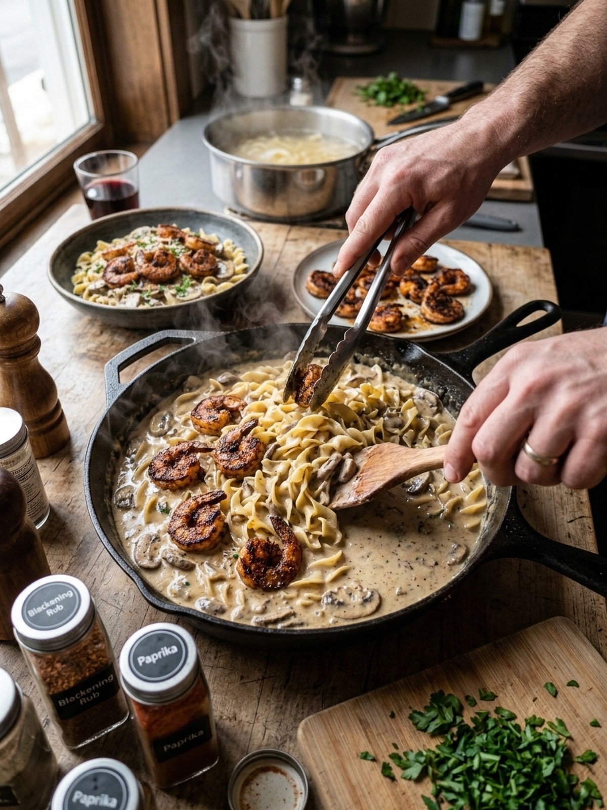 Step by step preparation of Blackened Shrimp Stroganoff