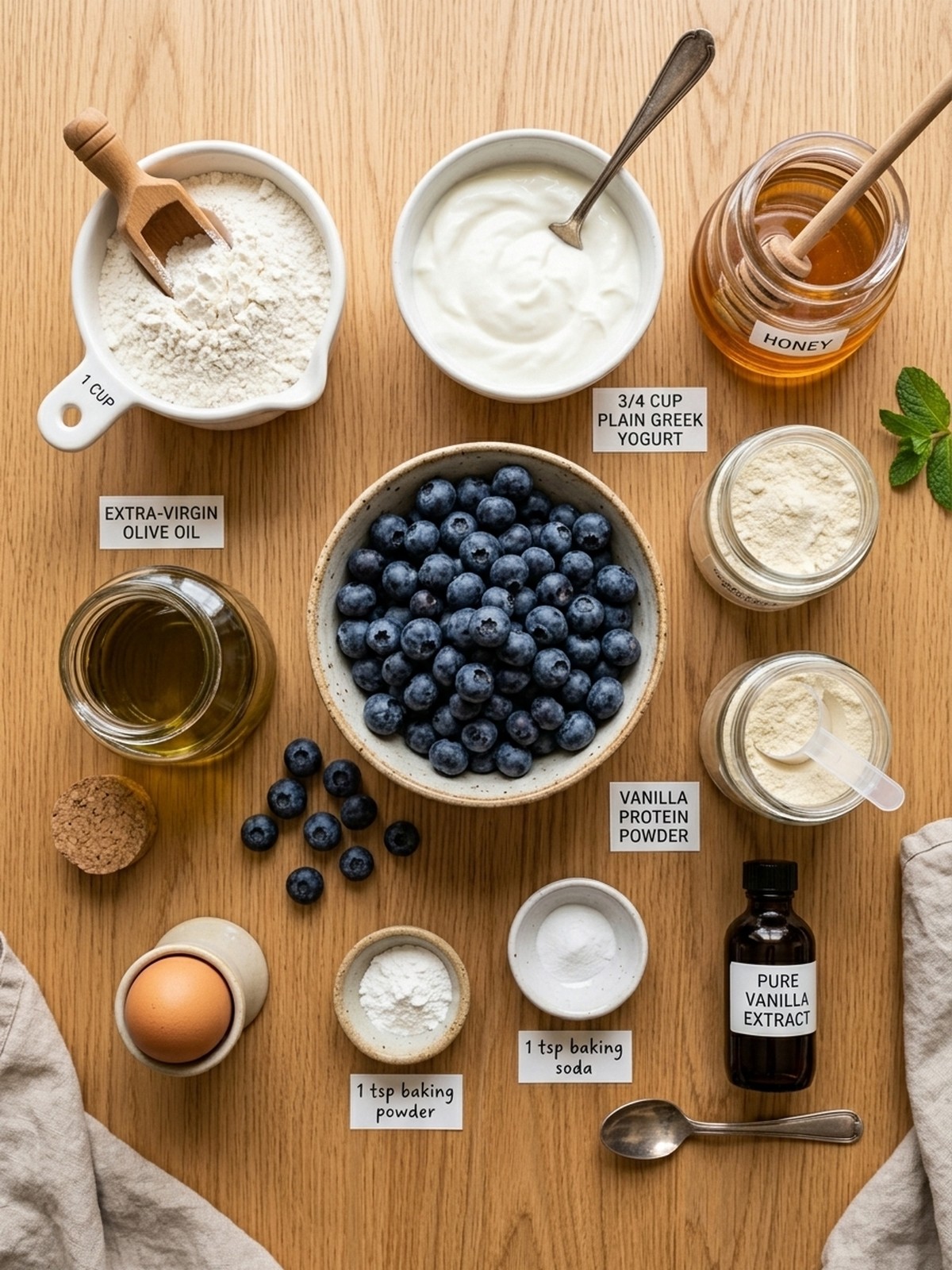 Blueberry Protein Muffins ingredients with fresh blueberries Greek yogurt protein powder and baking items