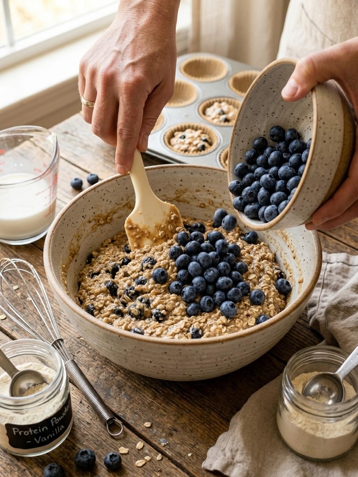 Step by step preparation of Blueberry Protein Muffins batter folded with fresh blueberries