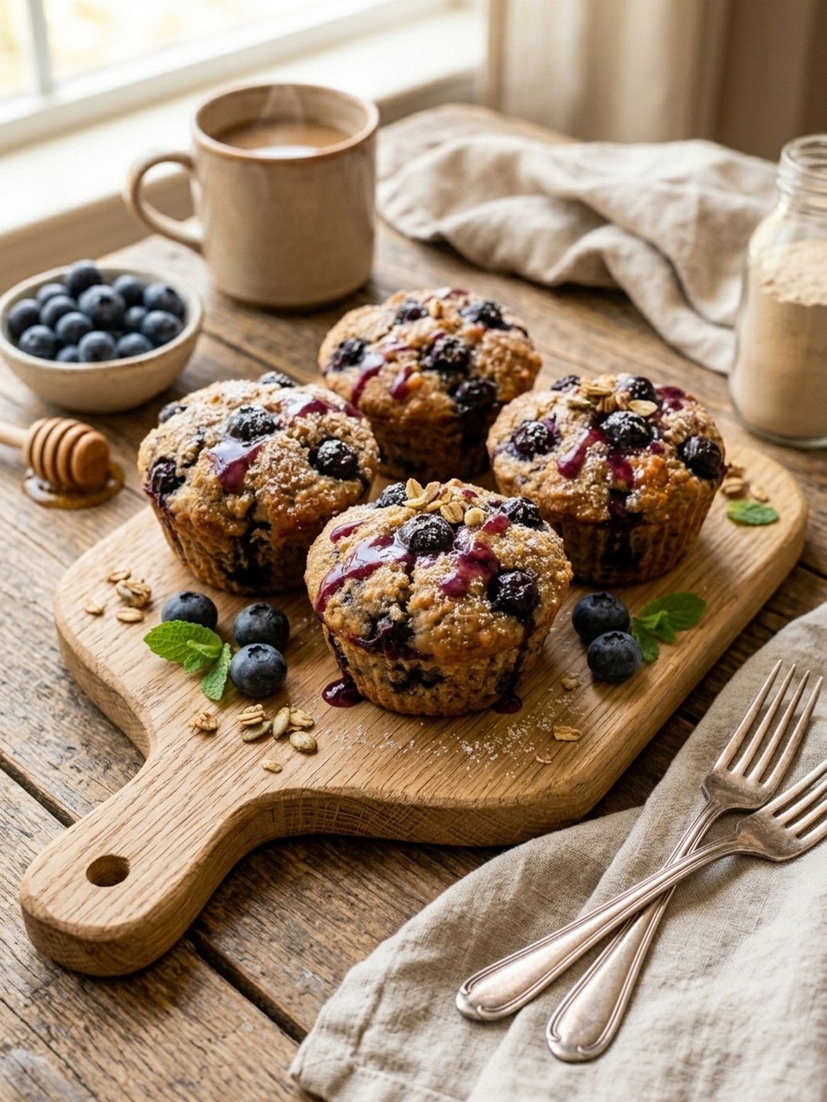 Serving and variation ideas for Blueberry Protein Muffins with fresh berries and breakfast sides