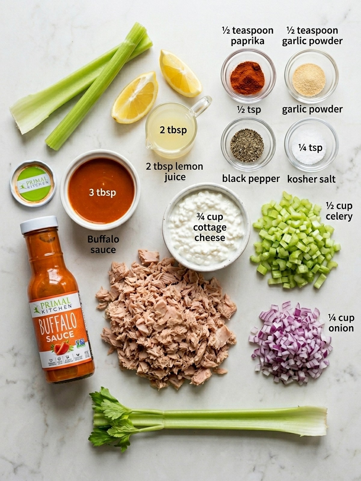 Buffalo Tuna Salad ingredients arranged for cooking