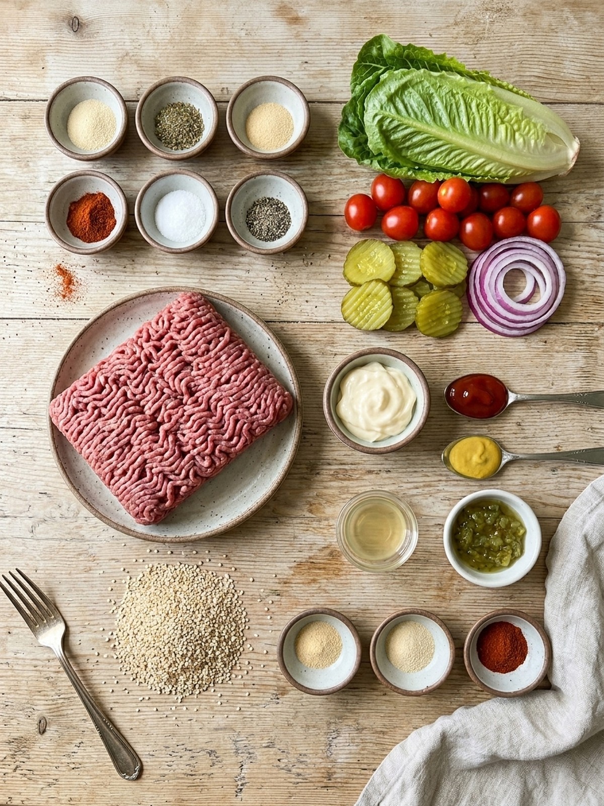Burger Bowls with Special Sauce ingredients arranged for cooking
