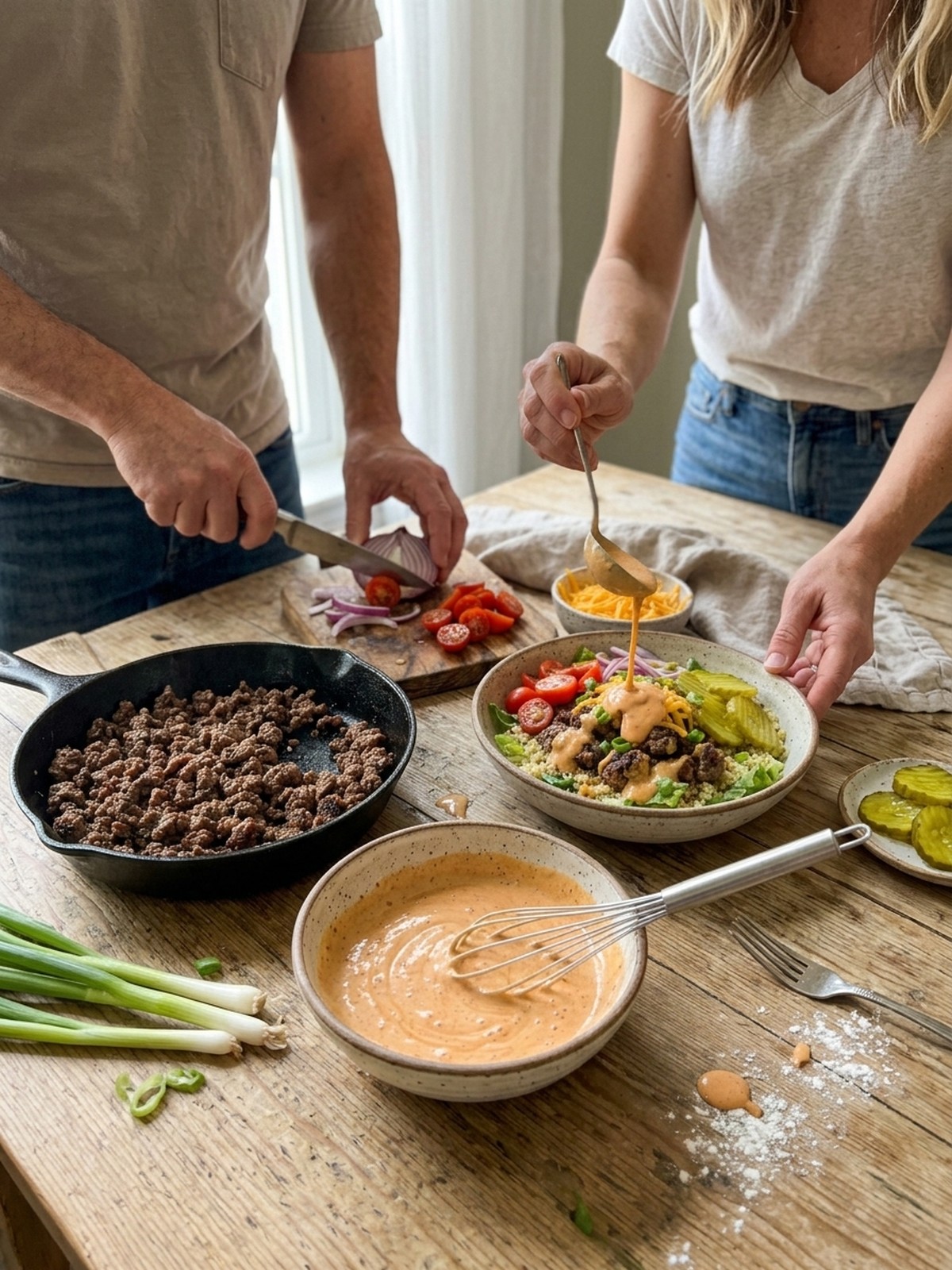 Step by step preparation of Burger Bowls with Special Sauce