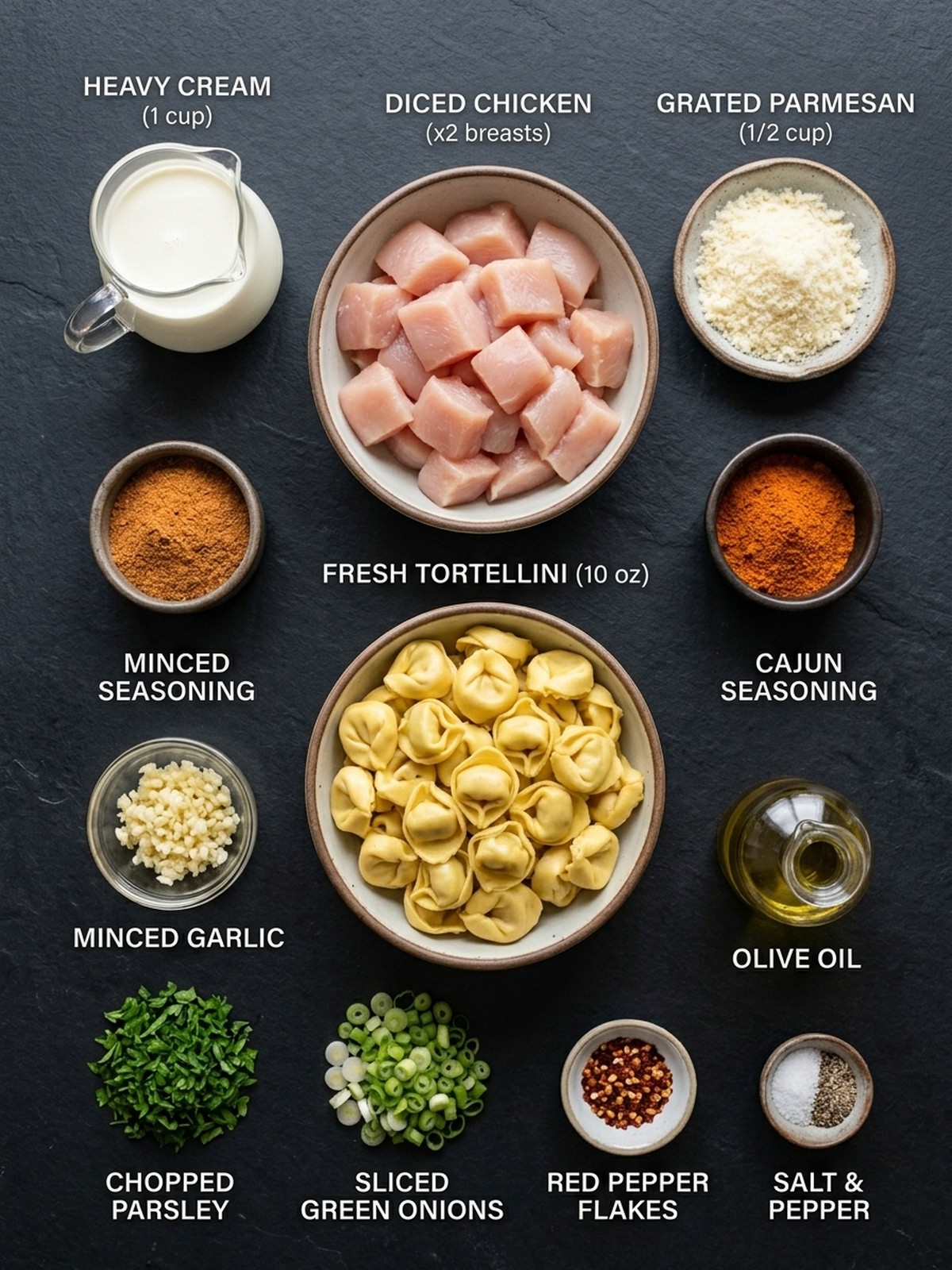Cajun Chicken Tortellini With Garlic Sauce ingredients arranged for cooking