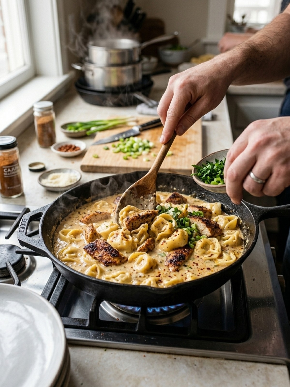 Step by step preparation of Cajun Chicken Tortellini With Garlic Sauce
