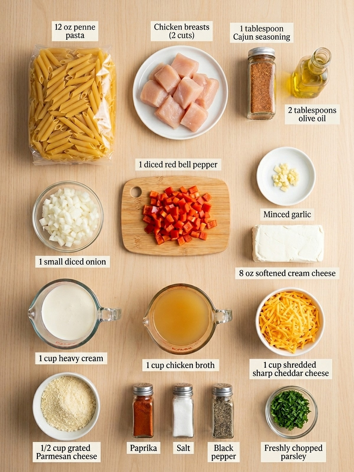 Cajun Cream Cheese Chicken Pasta Bake ingredients arranged for cooking