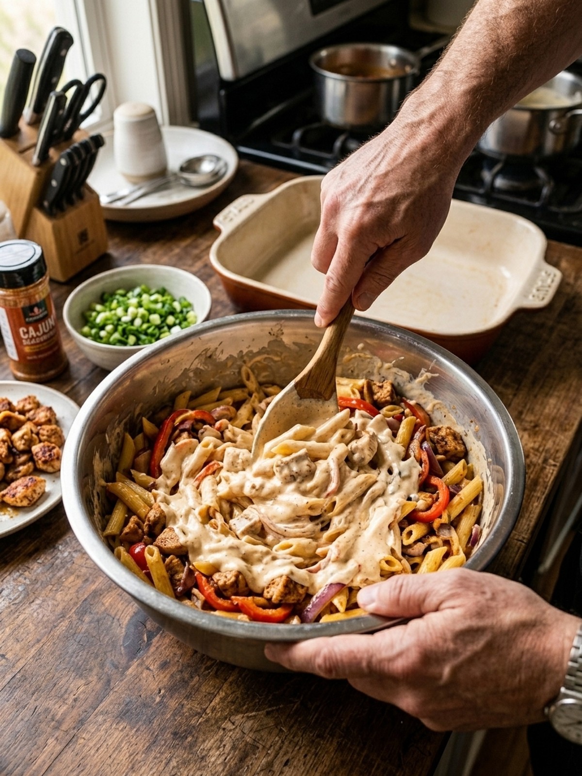 Step by step preparation of Cajun Cream Cheese Chicken Pasta Bake