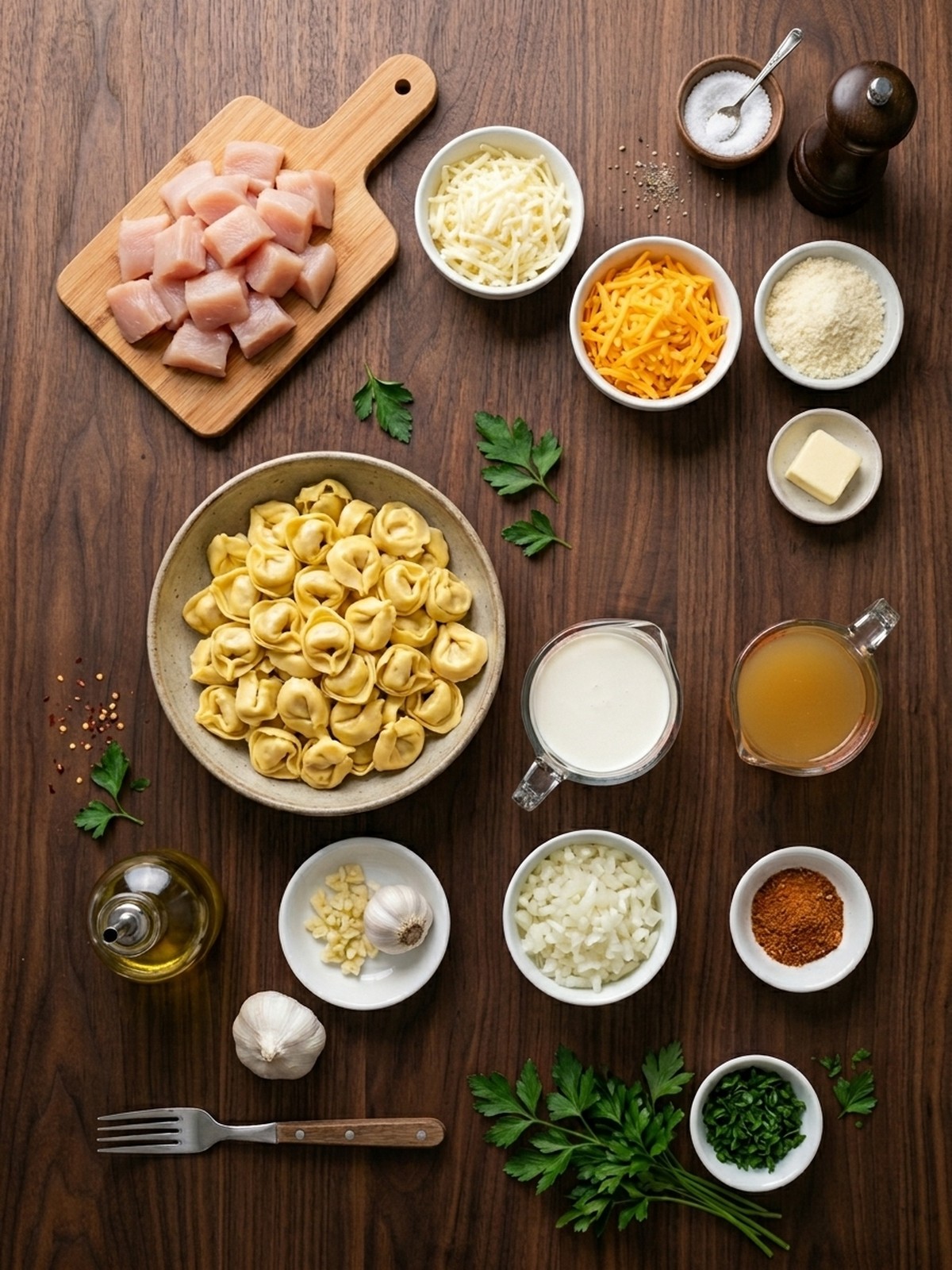 Cajun Garlic Chicken Tortellini in Three-Cheese Cream ingredients arranged for cooking
