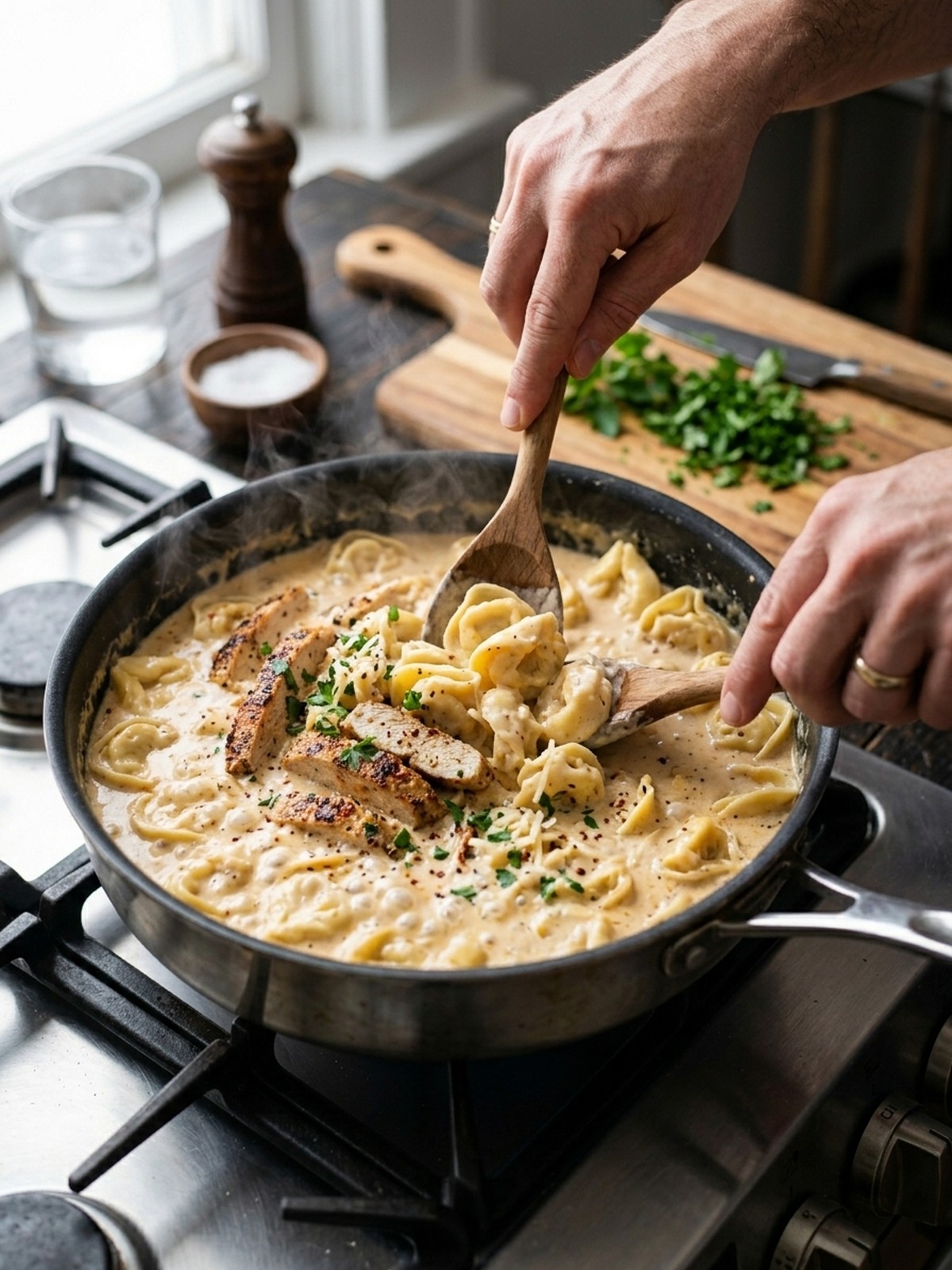 Step by step preparation of Cajun Garlic Chicken Tortellini in Three-Cheese Cream