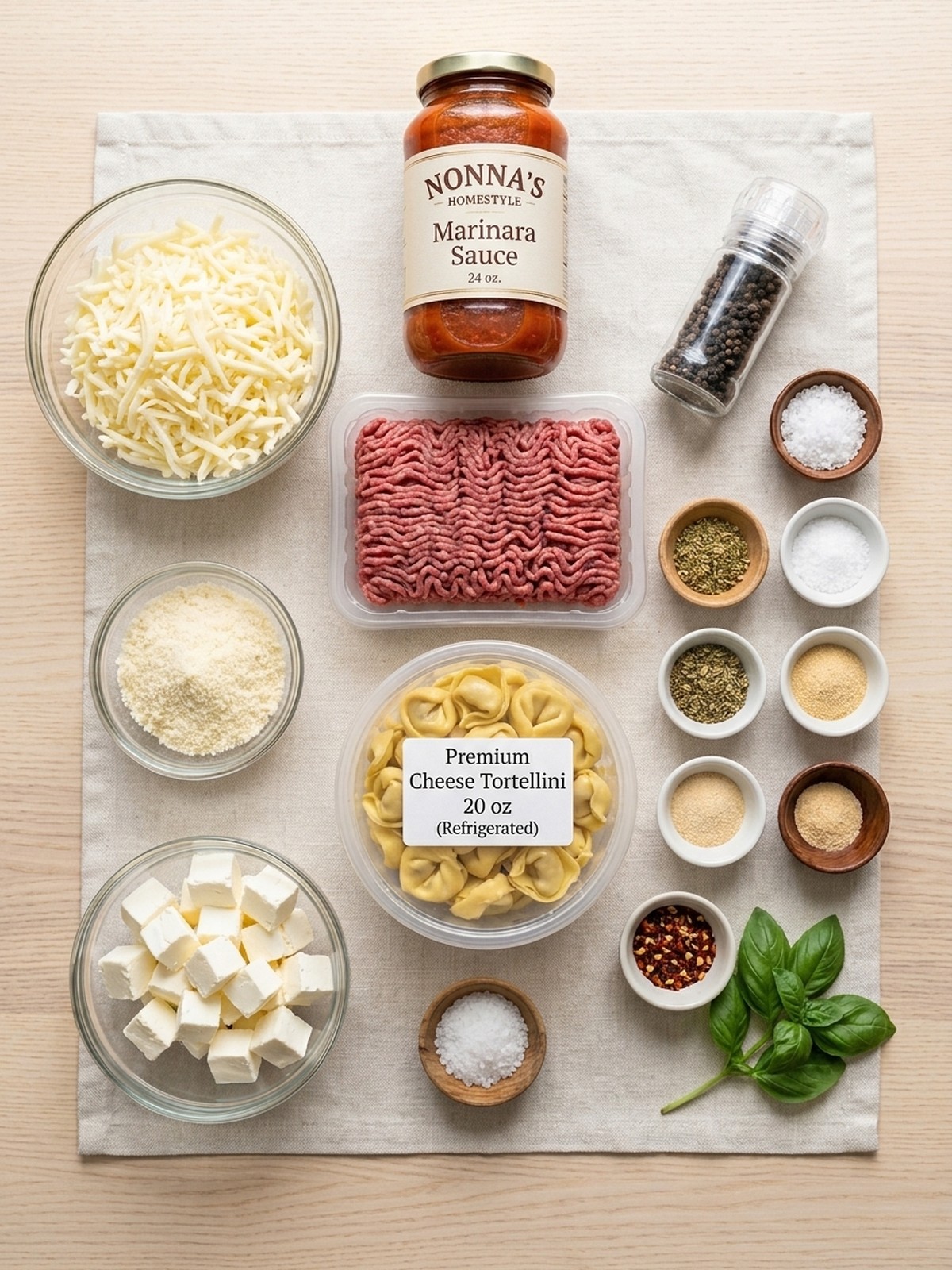 Cheesy Baked Tortellini ingredients arranged for cooking