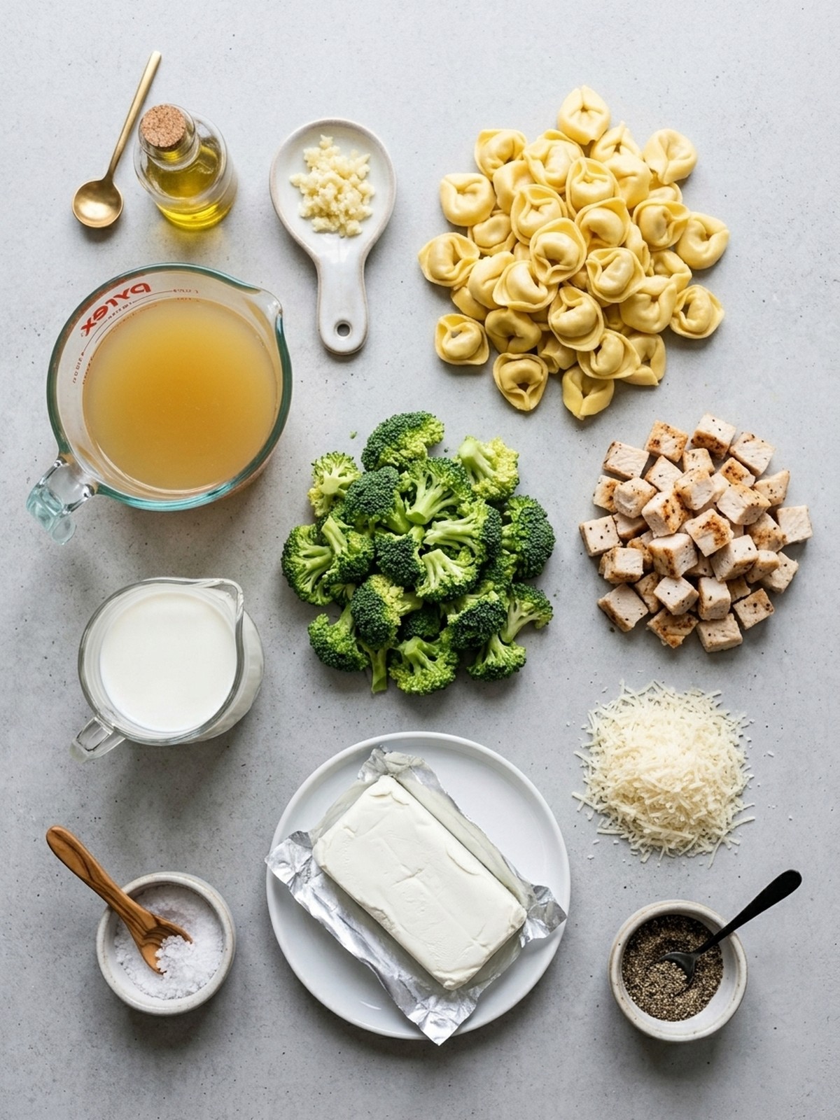 Cheesy Chicken Broccoli Tortellini ingredients arranged for cooking