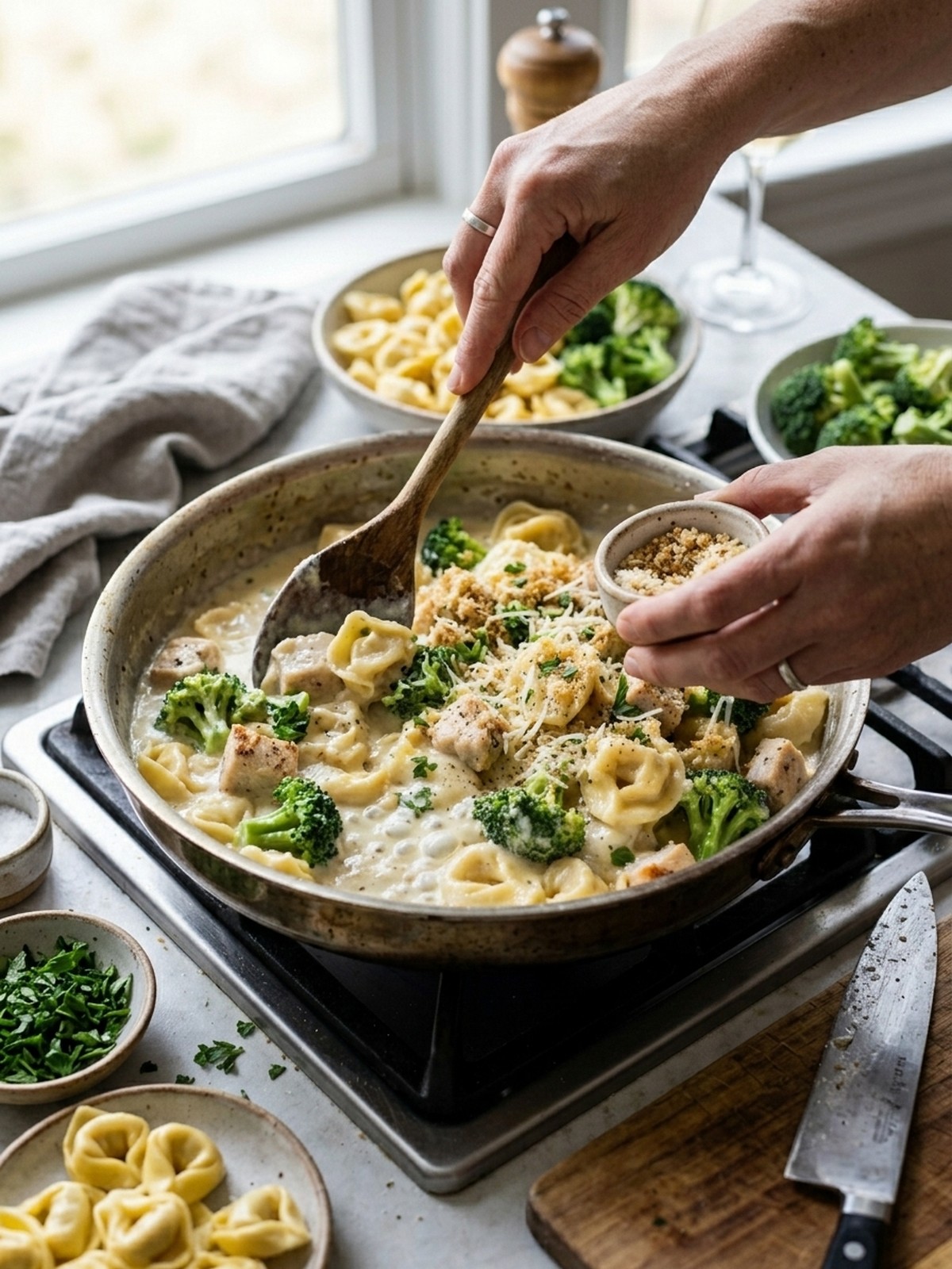 Step by step preparation of Cheesy Chicken Broccoli Tortellini