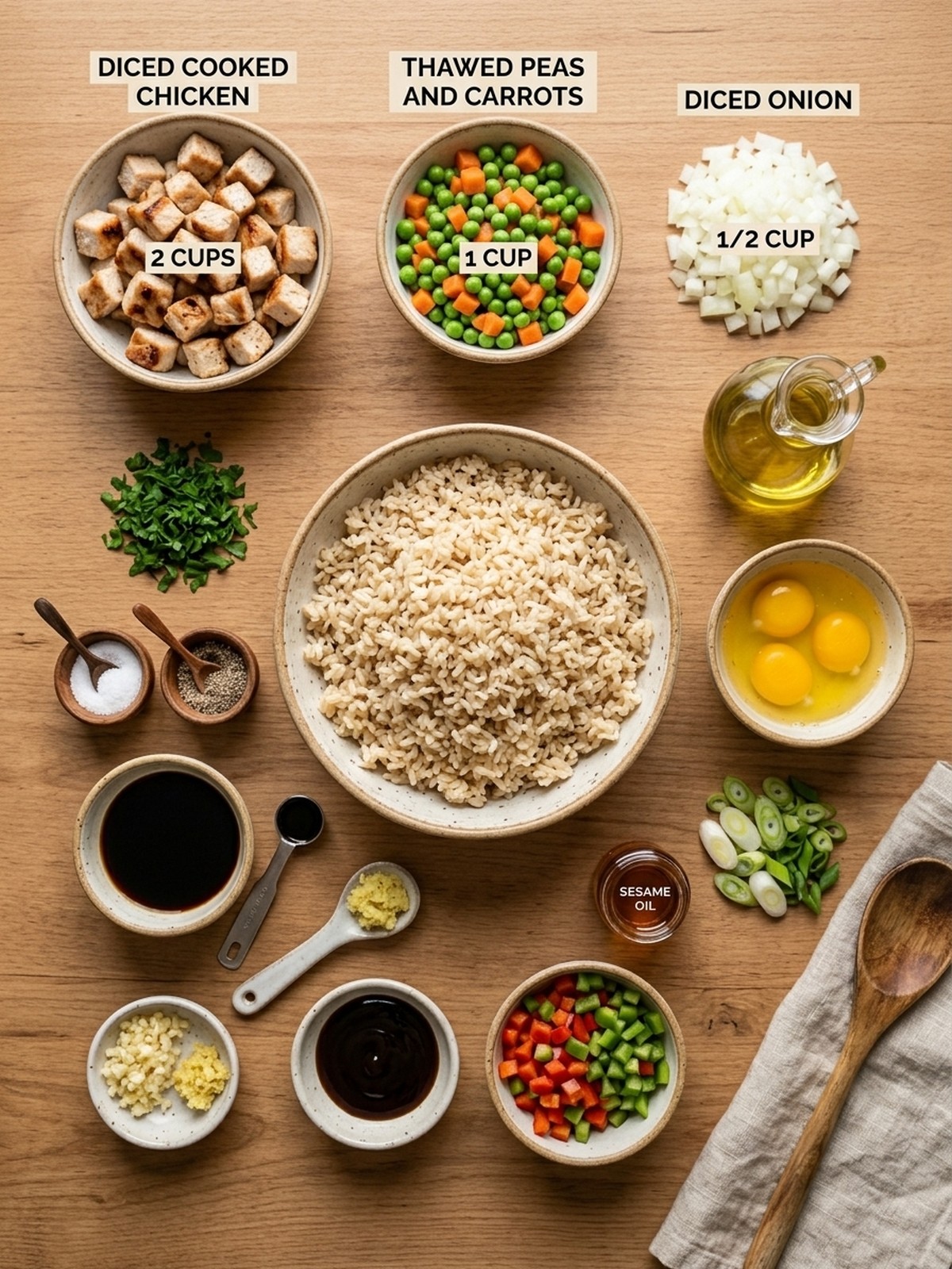 Chicken Fried Rice Recipe ingredients arranged for cooking