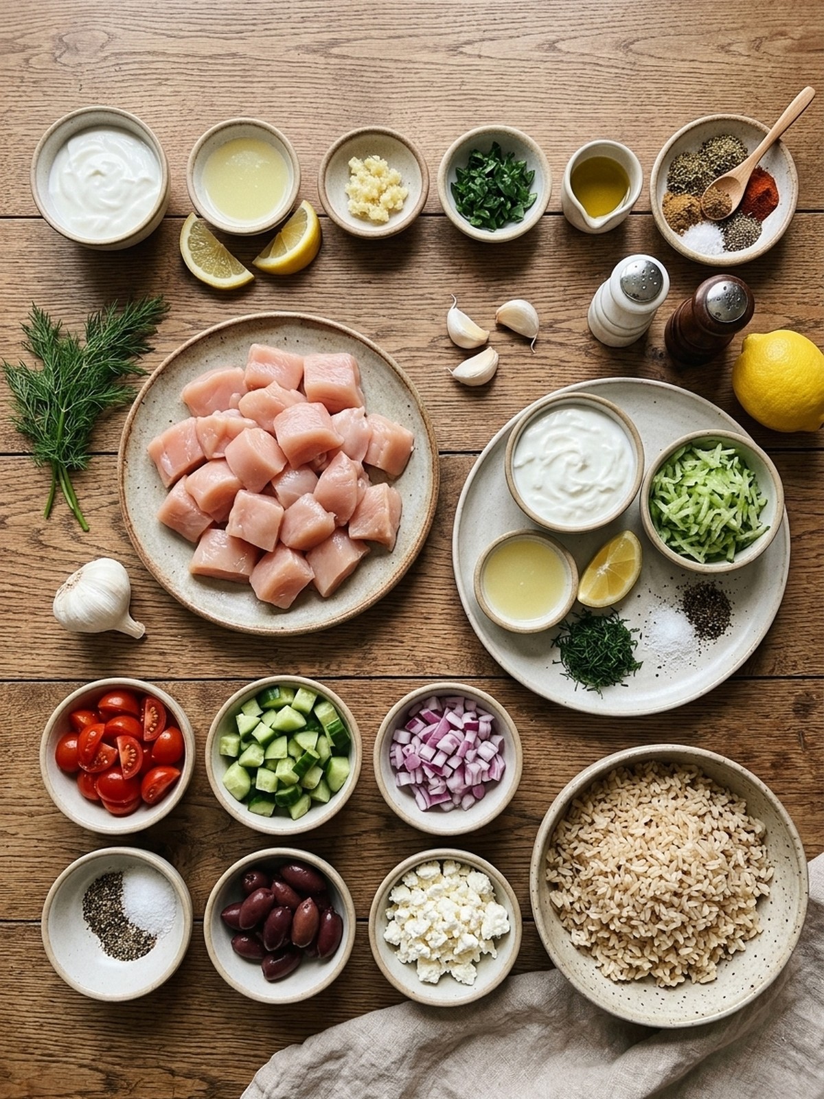 Chicken Gyro Bowls ingredients arranged for cooking