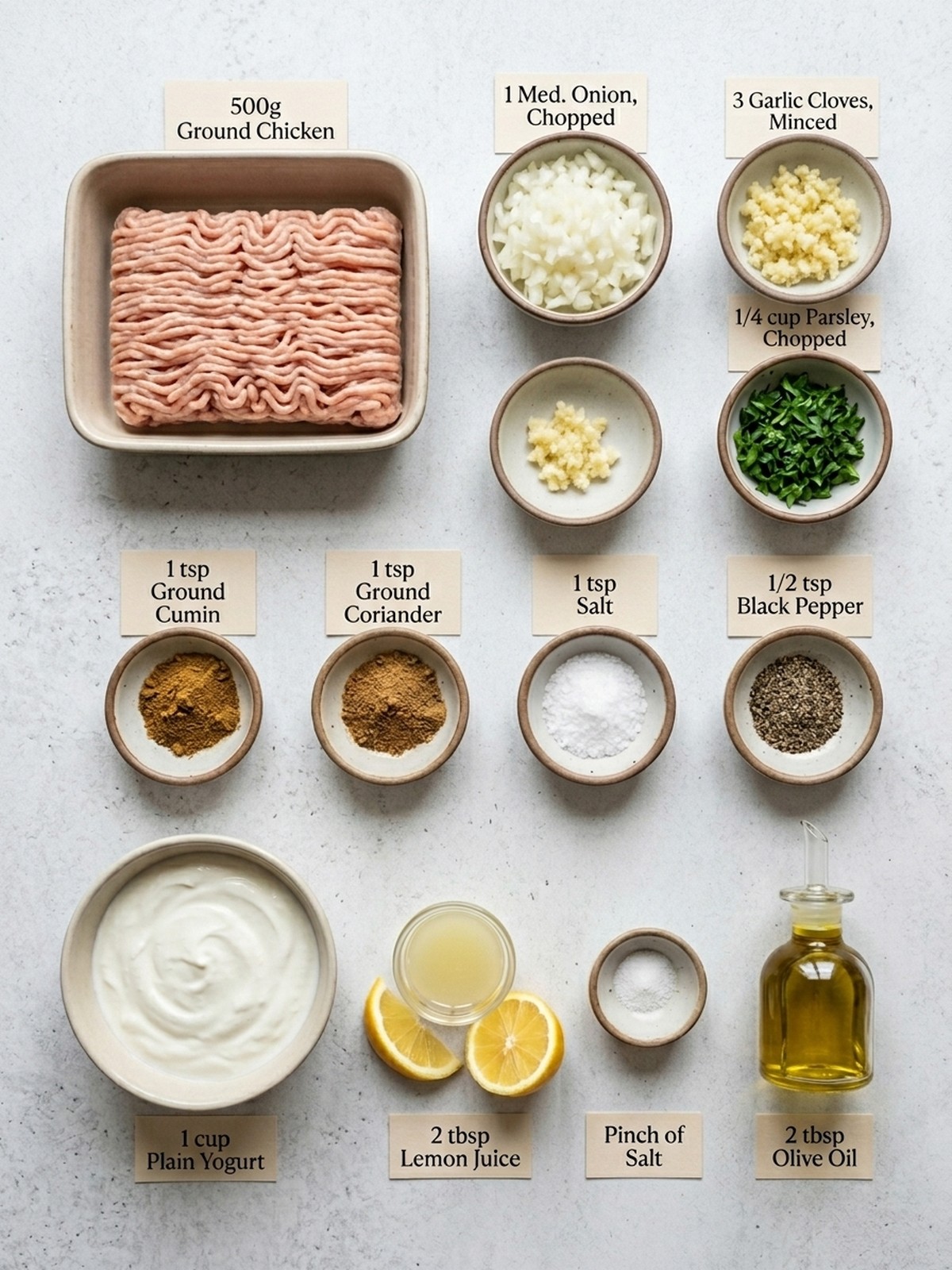 Chicken Kofta With Garlic Yogurt Sauce ingredients arranged for cooking