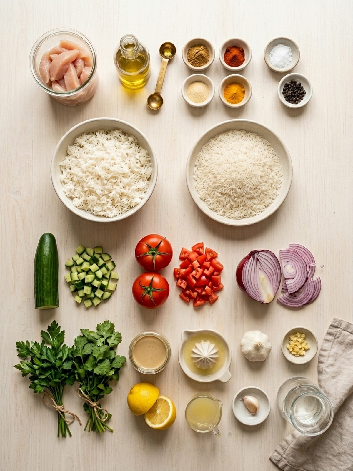 Chicken Shawarma Crispy Rice Salad ingredients arranged for cooking
