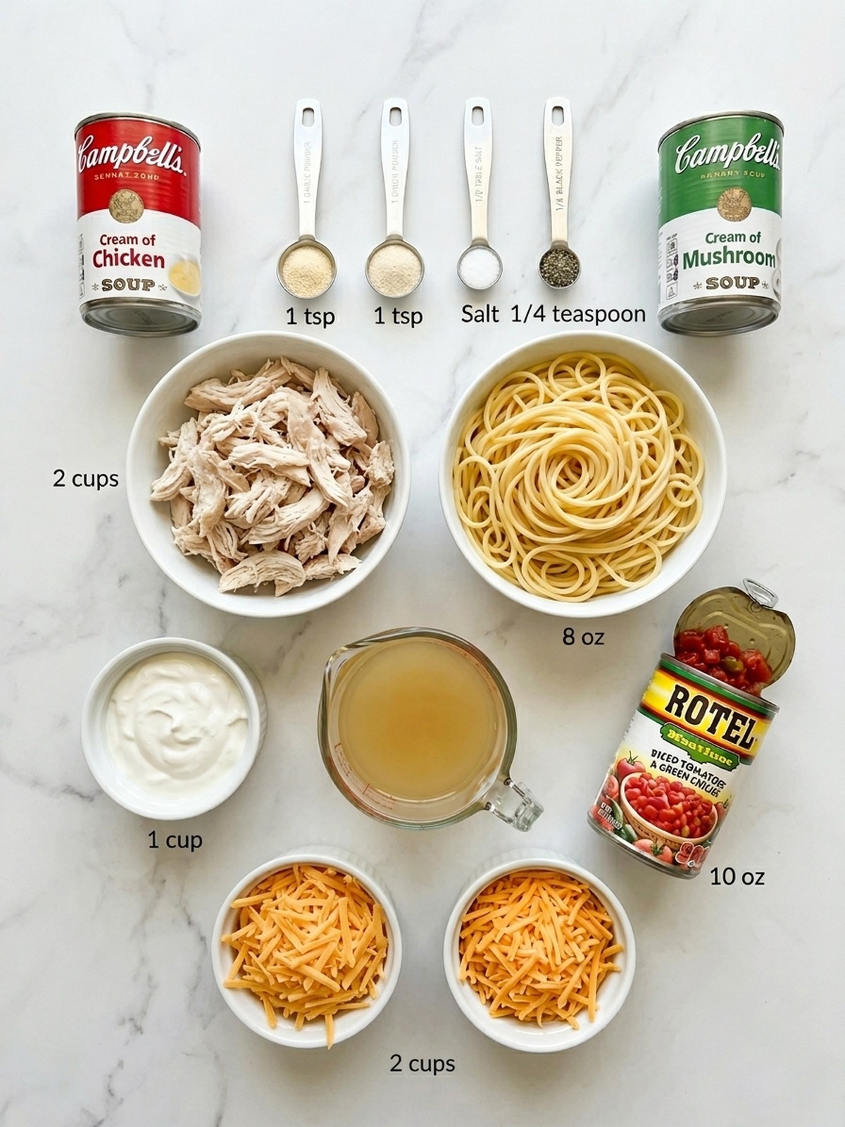 Chicken Spaghetti with Rotel ingredients arranged for cooking