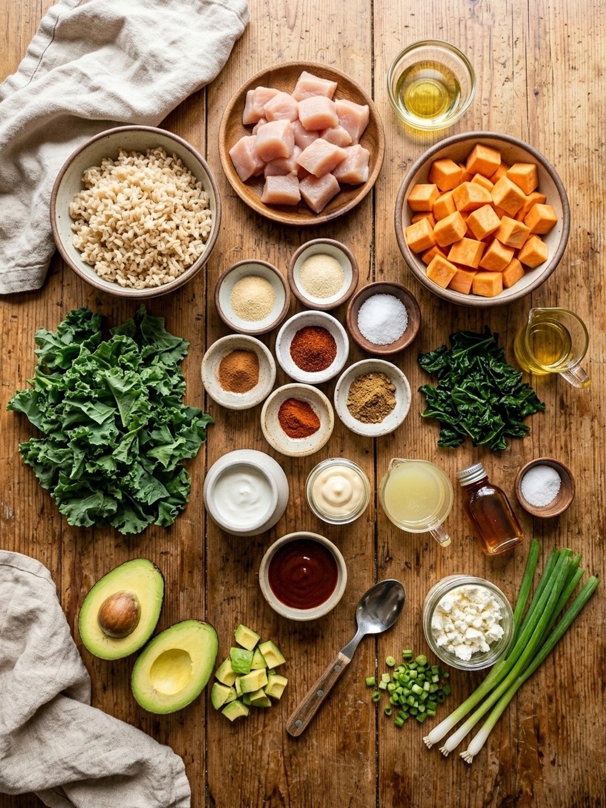 Chicken & Sweet Potato Rice Bowl ingredients arranged for cooking