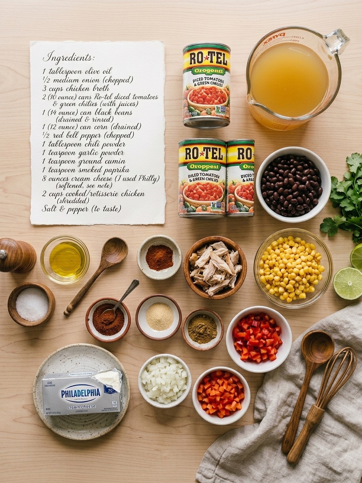 Chicken Taco Soup ingredients arranged for cooking