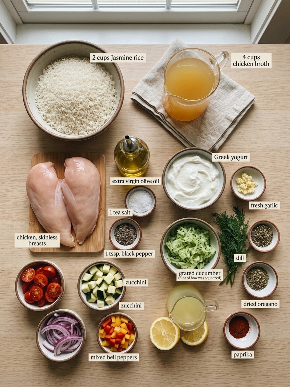 Chicken Tzatziki Rice ingredients with chicken rice yogurt cucumber dill and lemon