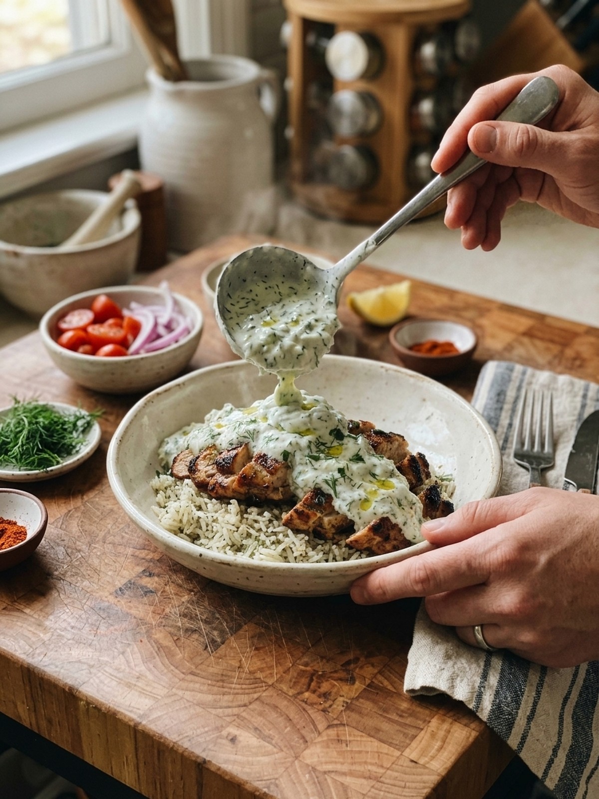 Step by step preparation of Chicken Tzatziki Rice with sliced chicken and cucumber yogurt sauce