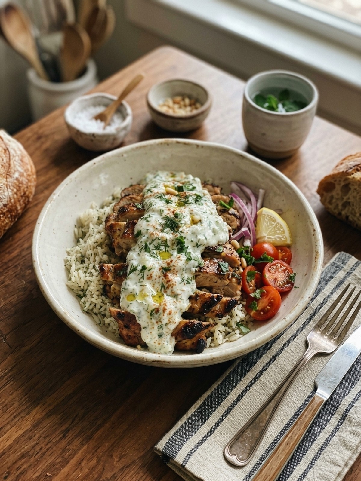 Serving and variation ideas for Chicken Tzatziki Rice with fresh vegetables and creamy sauce