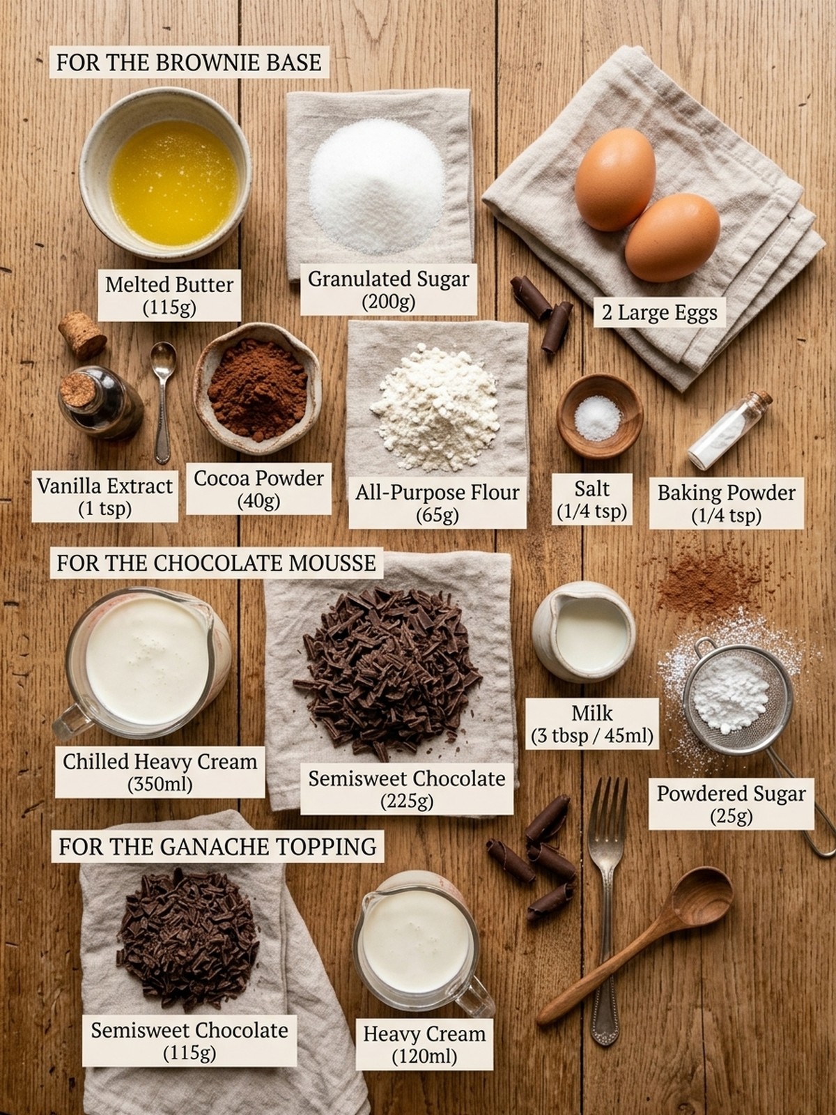 Chocolate Mousse Brownies ingredients arranged for baking and layering