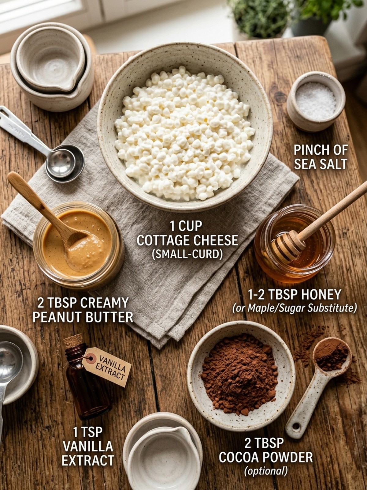 Cottage Cheese Chocolate Mousse ingredients arranged for blending