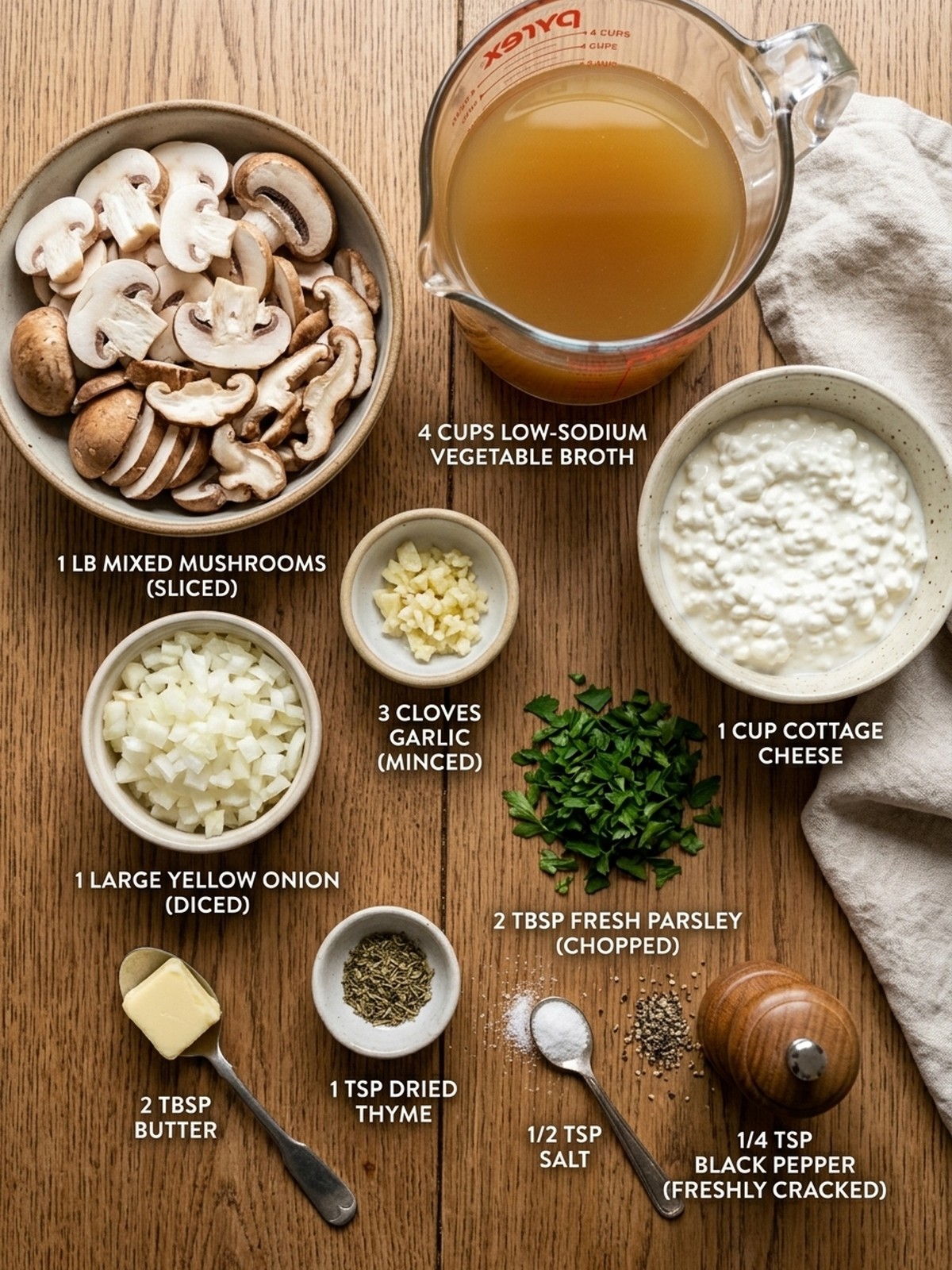 Cottage Cheese Mushroom Soup ingredients arranged for cooking