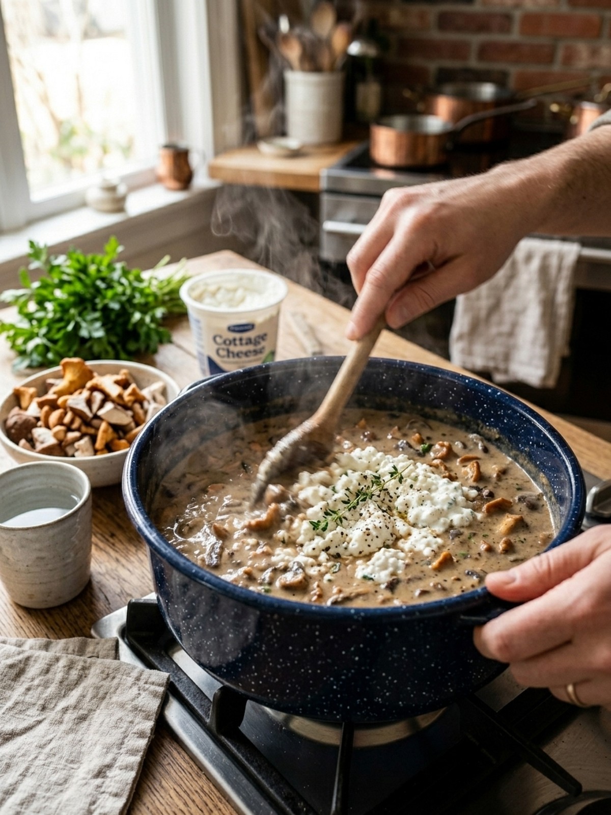 Step by step preparation of Cottage Cheese Mushroom Soup