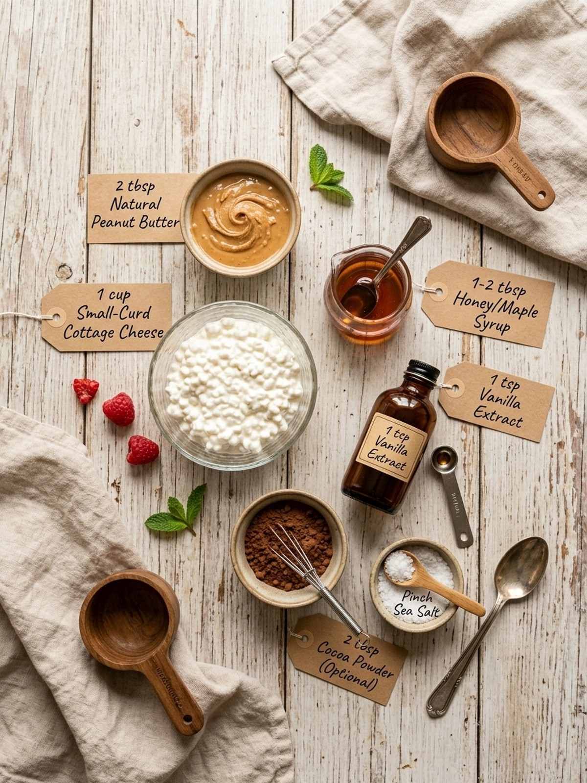 Cottage Cheese Peanut Butter Mousse ingredients arranged for blending