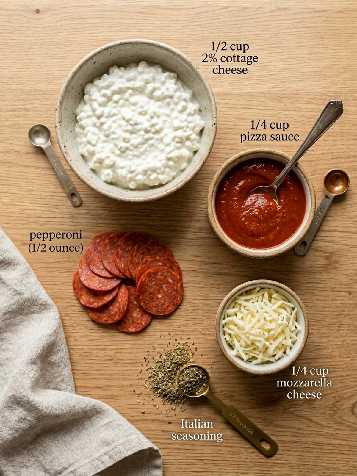 Cottage Cheese Pizza Bowl ingredients arranged for cooking