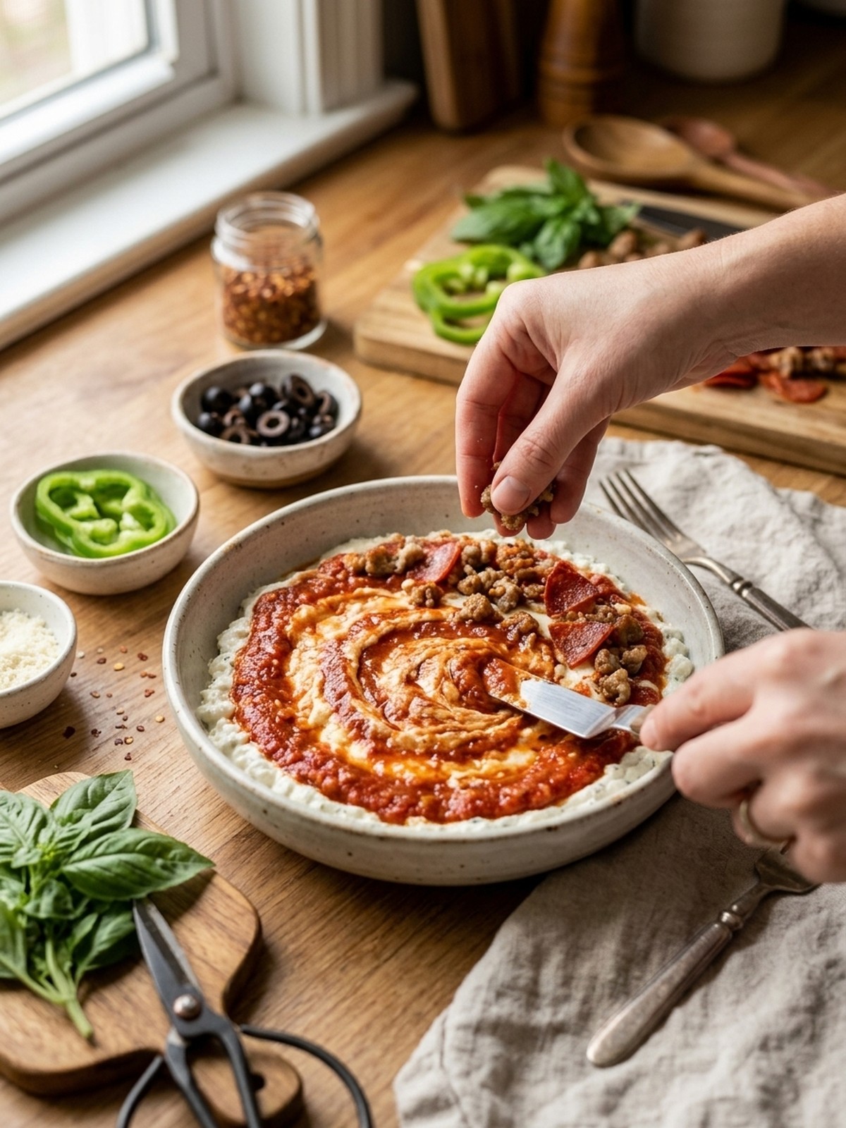 Step by step preparation of Cottage Cheese Pizza Bowl