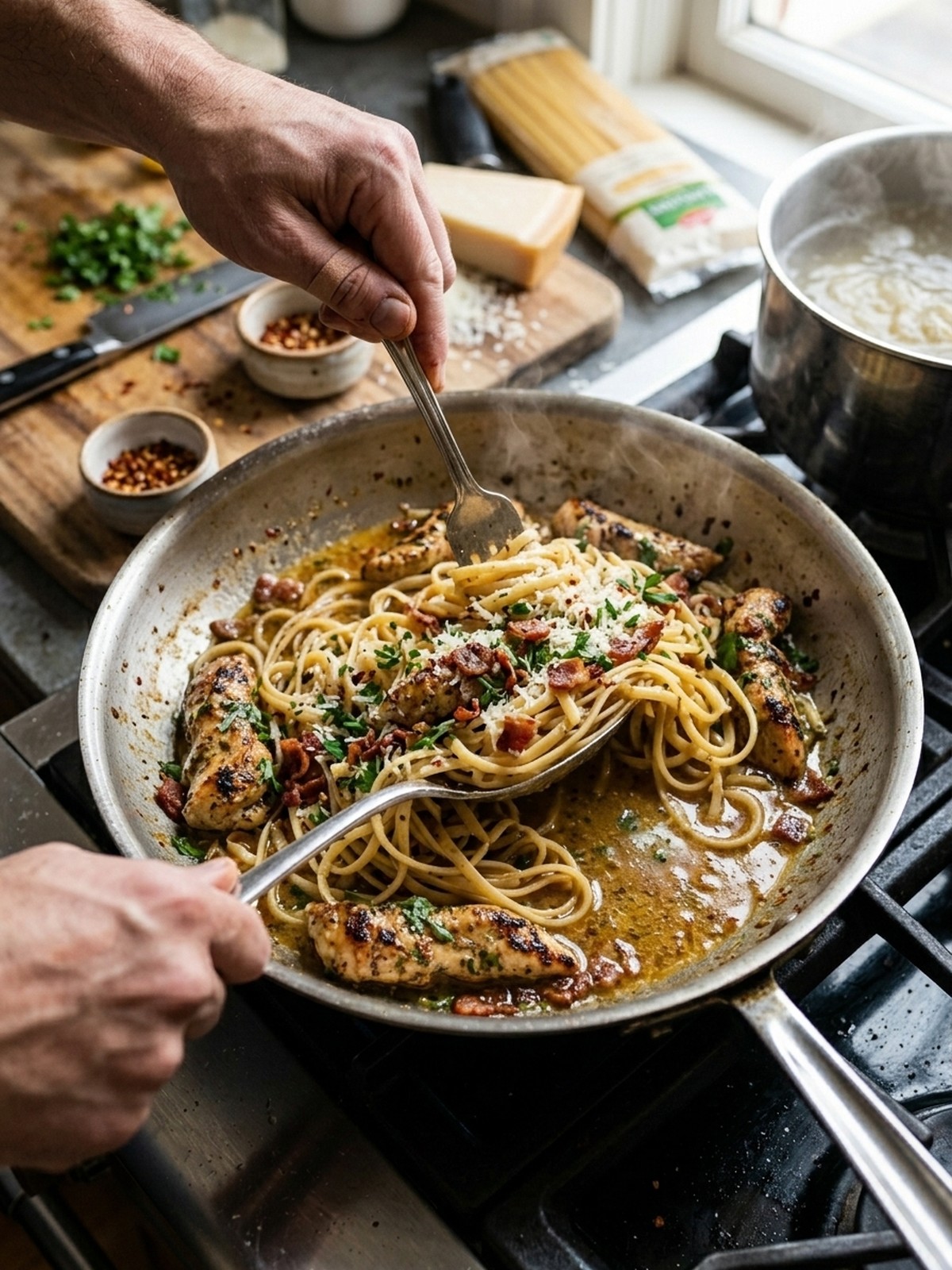 Step by step preparation of Cowboy Butter Chicken Linguine