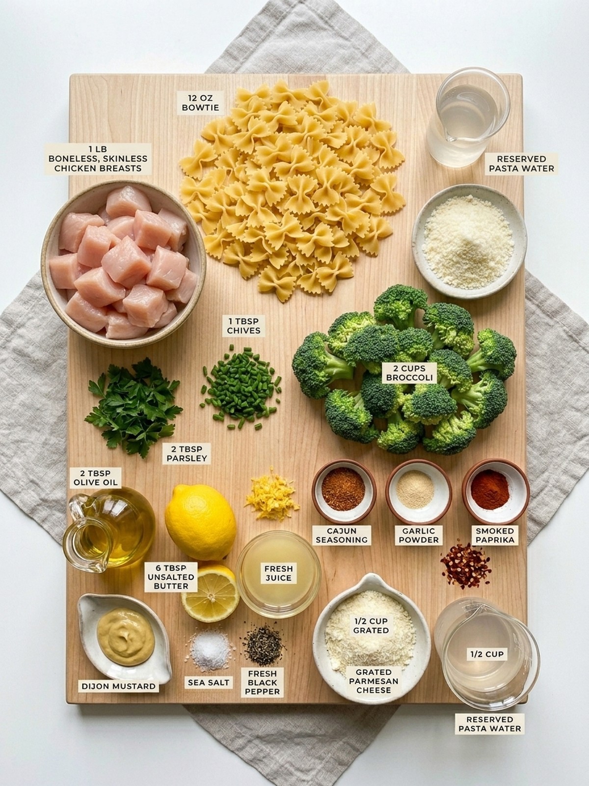 Cowboy Butter Lemon Bowtie Chicken with Broccoli ingredients arranged for cooking
