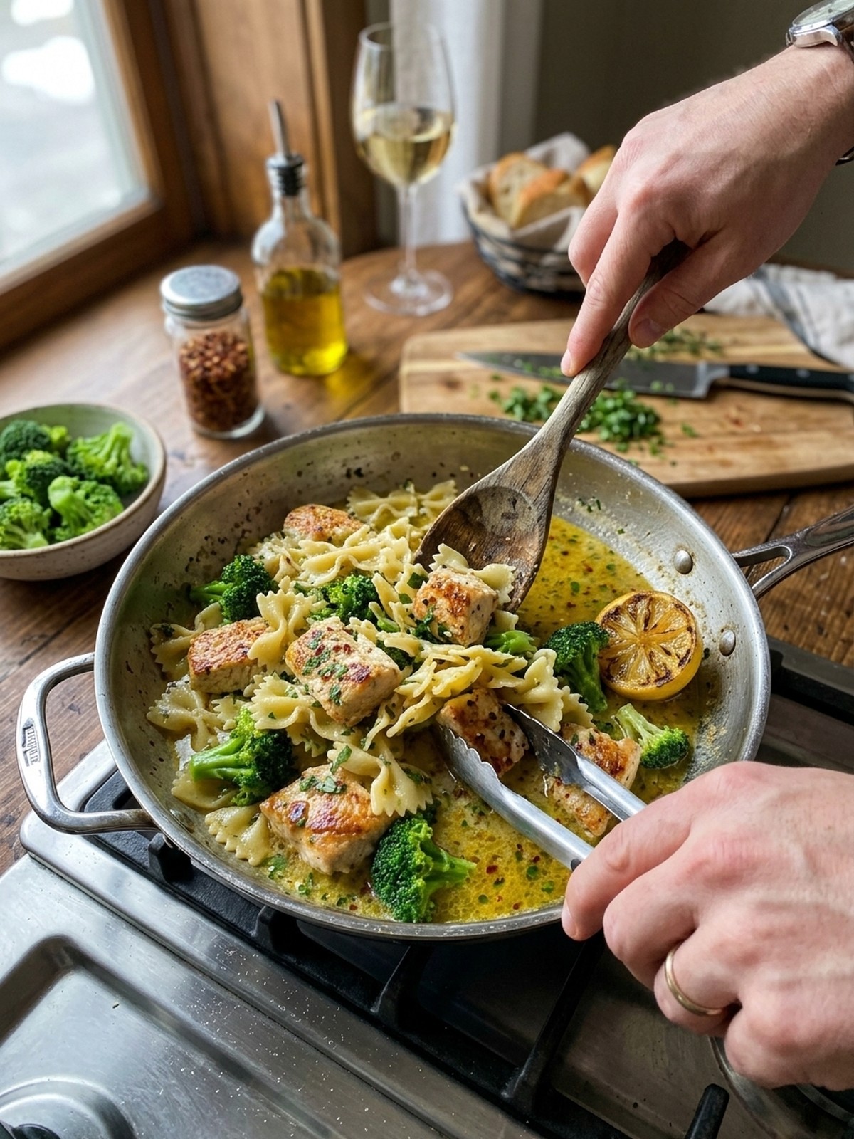 Step by step preparation of Cowboy Butter Lemon Bowtie Chicken with Broccoli