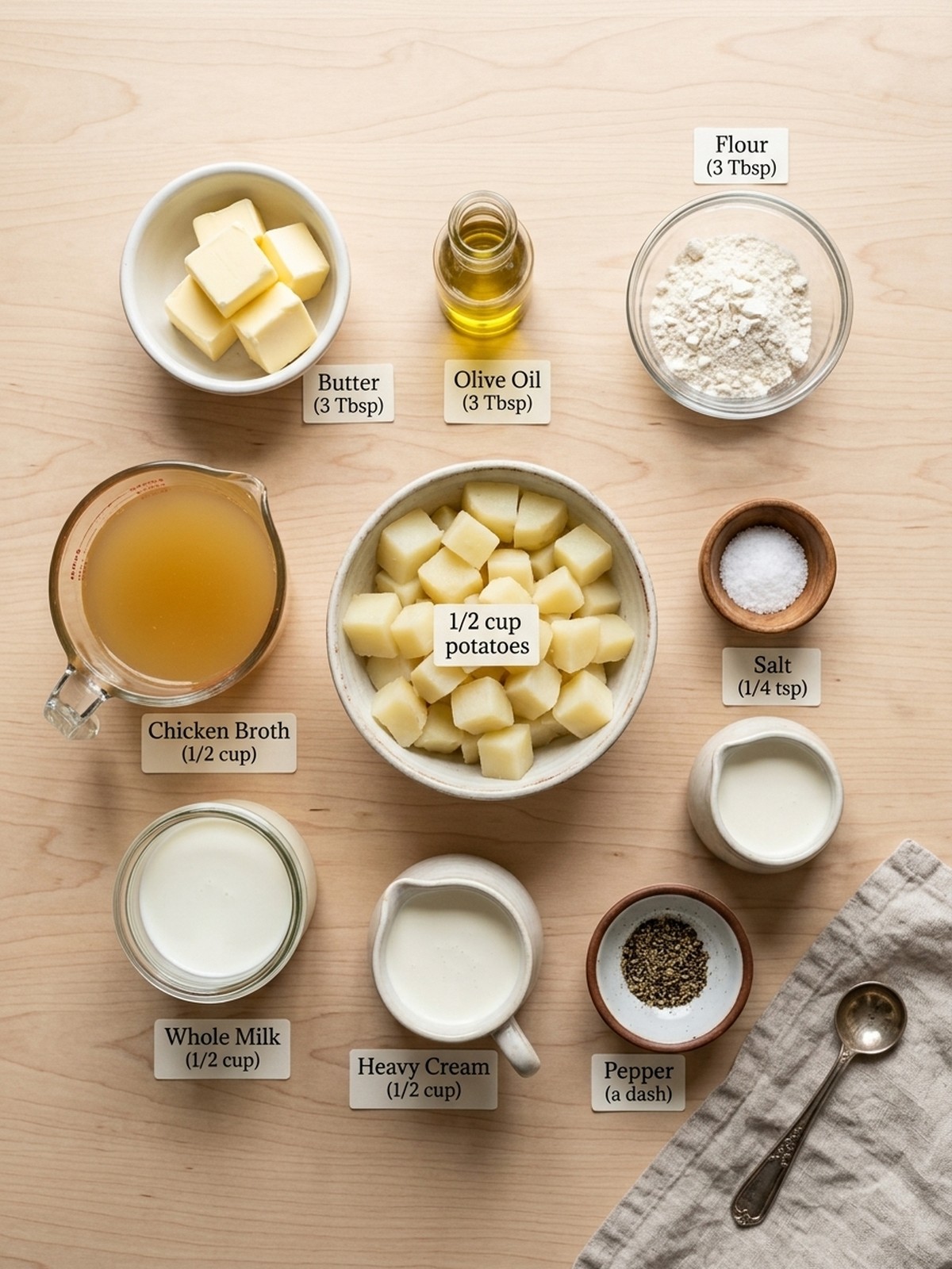 Cream of Potato Soup ingredients arranged for cooking