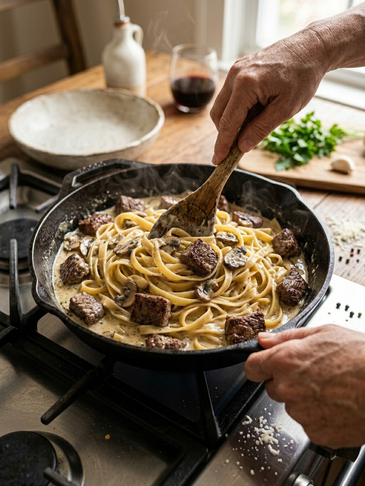 Step by step preparation of Creamy Beef and Garlic Butter Pasta