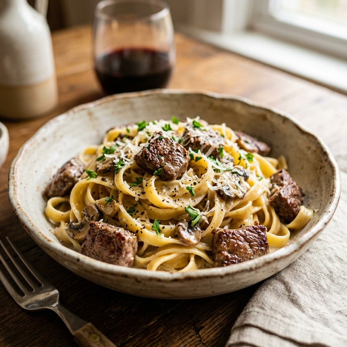 Creamy Beef And Garlic Butter Pasta