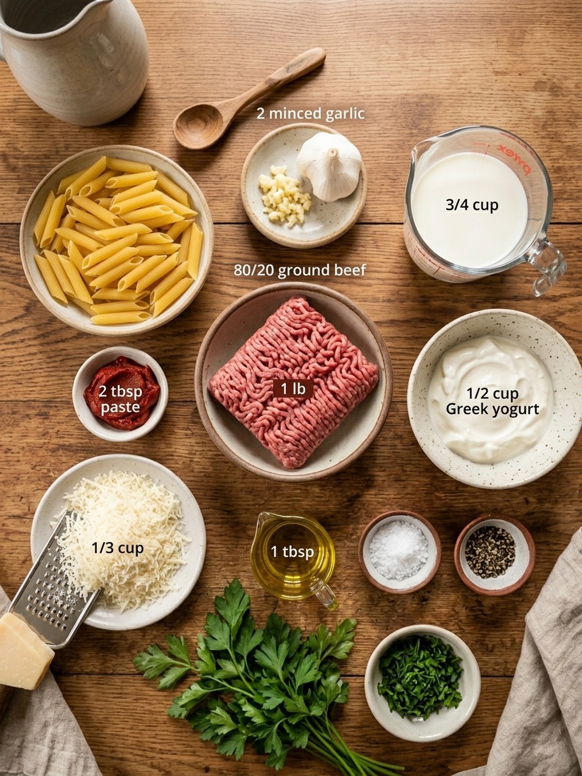 Creamy Beef Pasta ingredients arranged for cooking